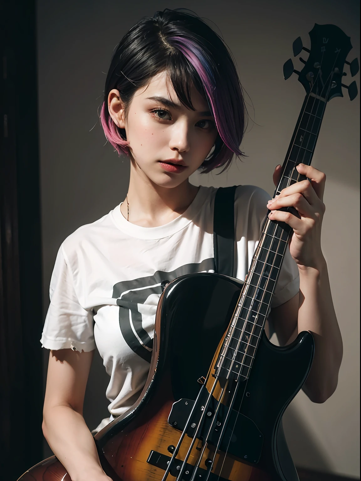 An 18-year-old woman,(hi-top fade:1.3),rainbow hair, Side Shaved Hair, (Play the electric bass, 4 Strings), Dark theme, Muted colors, High contrast, (Tuttos skin texture, Hyper-Realism, Soft light, sharp), torn  T-shirt,