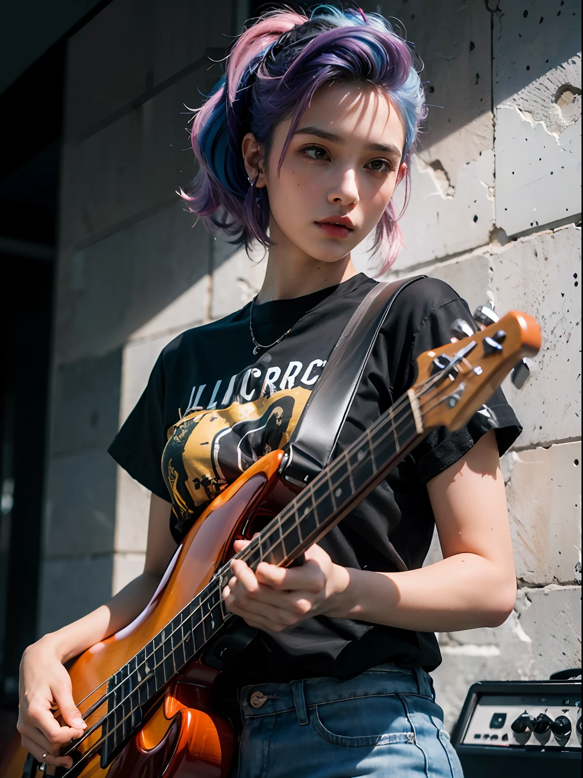 An 18-year-old woman,(hi-top fade:1.3),rainbow hair, Side Shaved Hair, (Play the electric bass, 4 Strings), Dark theme, Muted colors, High contrast, (Tuttos skin texture, Hyper-Realism, Soft light, sharp), torn  T-shirt,