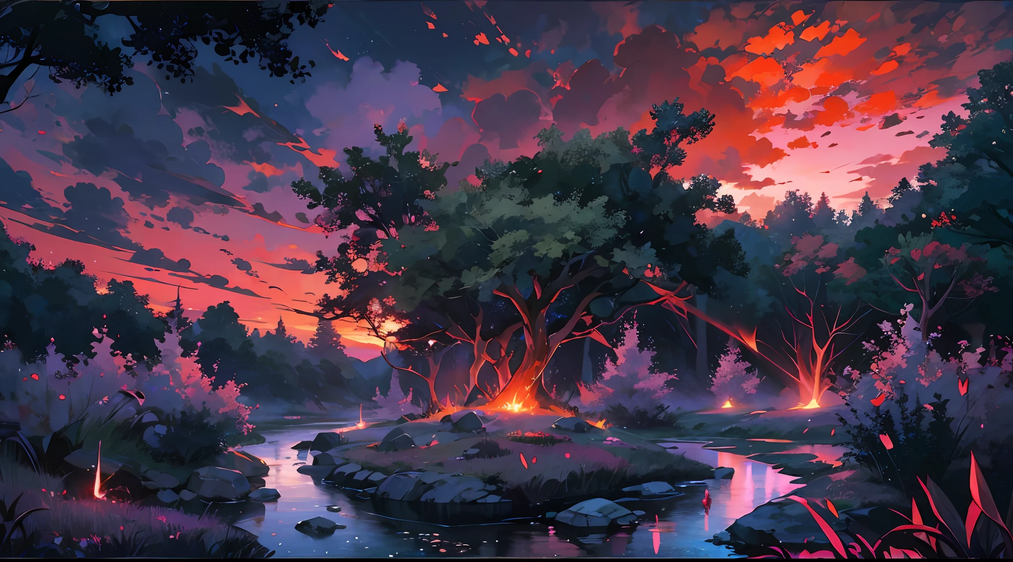 forest, night, multiple creeks, wet air, birds, (scarlet sunset), crystal clear water, glowing particles, scenery, (vast gradient skies:1.05), (mountains:0.8)