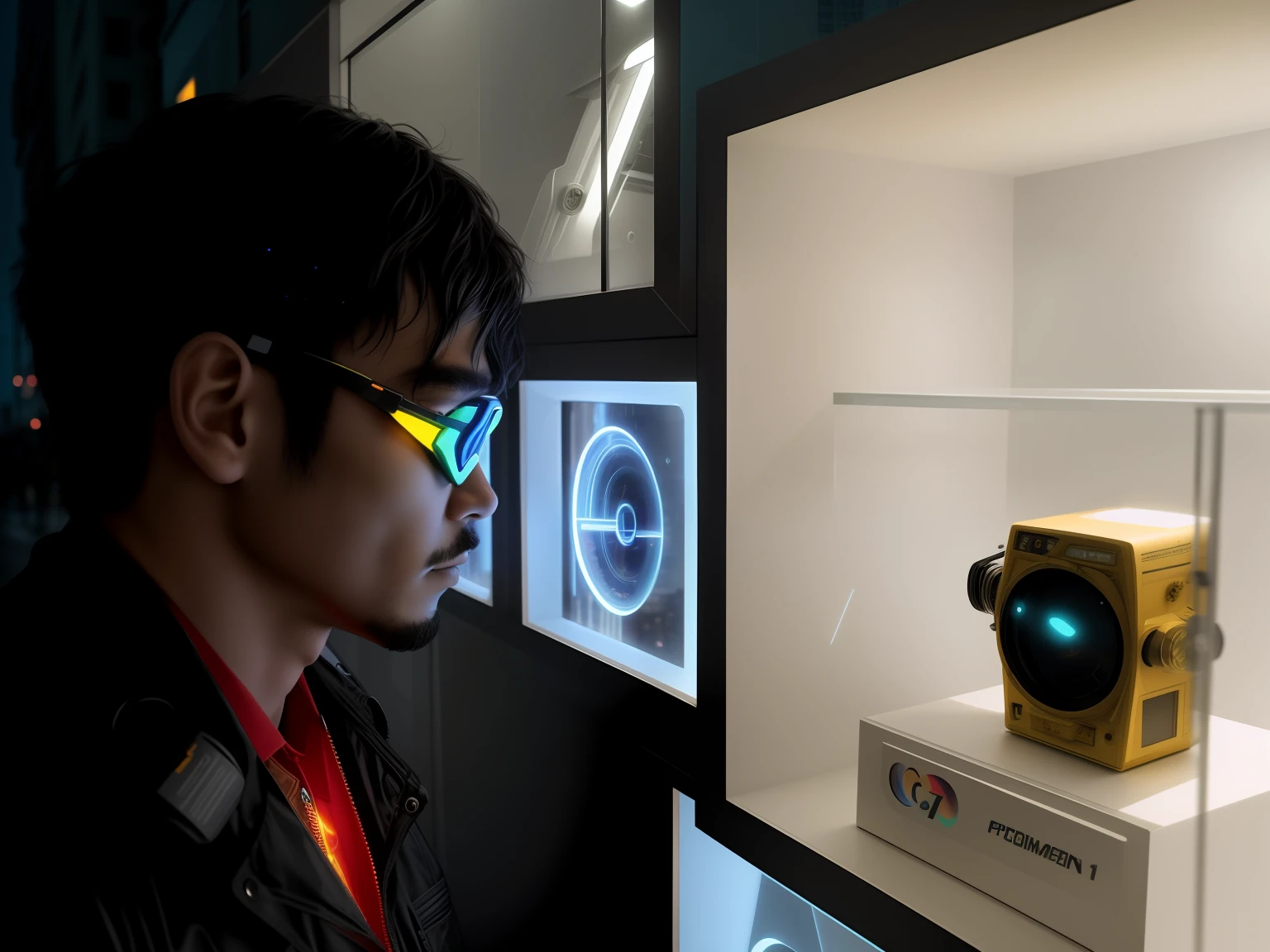 An award-winning masterpiece photo of a psychedelic cyborg standing on a city street at night in the rain, wearing neon glowing goggles, 8k, (high quality: 1.1), (cinematic: 1.1), dark and deep Shadows, Incredibly Intricate Detail, Artistic, (Close: 1.1), Viewed from Above, Looking at Viewer, (Flash: 1.1), (Chromatic Aberration,: 1.2) Floating Light Artifacts in Background