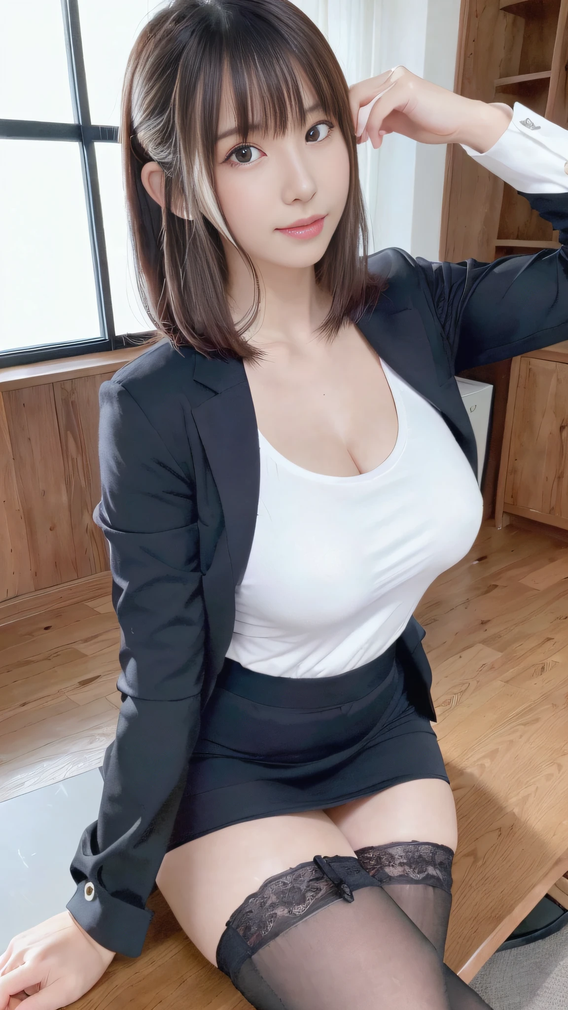(8K、top-quality、masterpiece:1.2)、(reallistic、Photorealsitic:1.2)、 Anatomically beautiful、A smile、top-quality, ultra-detailliert、Full body posture、(The best smile)、(Smile big)、(((Rin々Shishi)))、(Straight posture)、(Have documents)独奏、eye glass、large full breasts、Big beautiful eyes、(A dark-haired:1)、(long:1.1)、Office Lady Uniform、tight skirts、 neck tie、knee high socks, white shirt、studio shoot