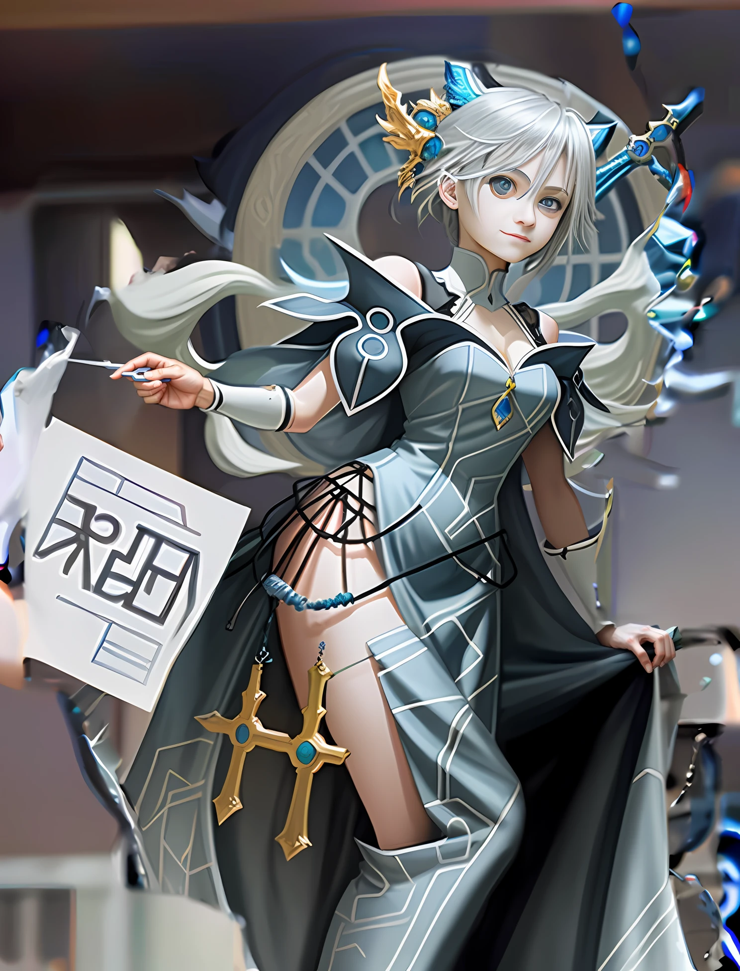 Silver hair and blue eyes，ssmile，Great masterpiece，Ultra-detailed，Gentle maiden，dual horsetail，long whitr hair，Poor milk，4K quality，close-up upper body