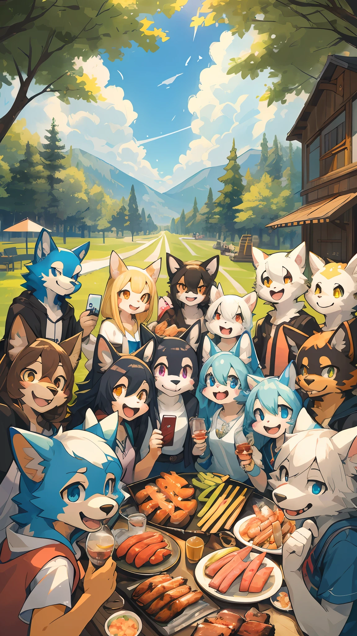 top quality, best quality, High-quality illustrations, masterpiece, super high resolution, detailed background, detailed background, BBQ, group shot:0.5, 6+boys, 6+girls, Happy, joyful, absurdres(highly detailed beautiful face and eyes)perfect anatomy(kemono, furry anthro)selfie:0.2,