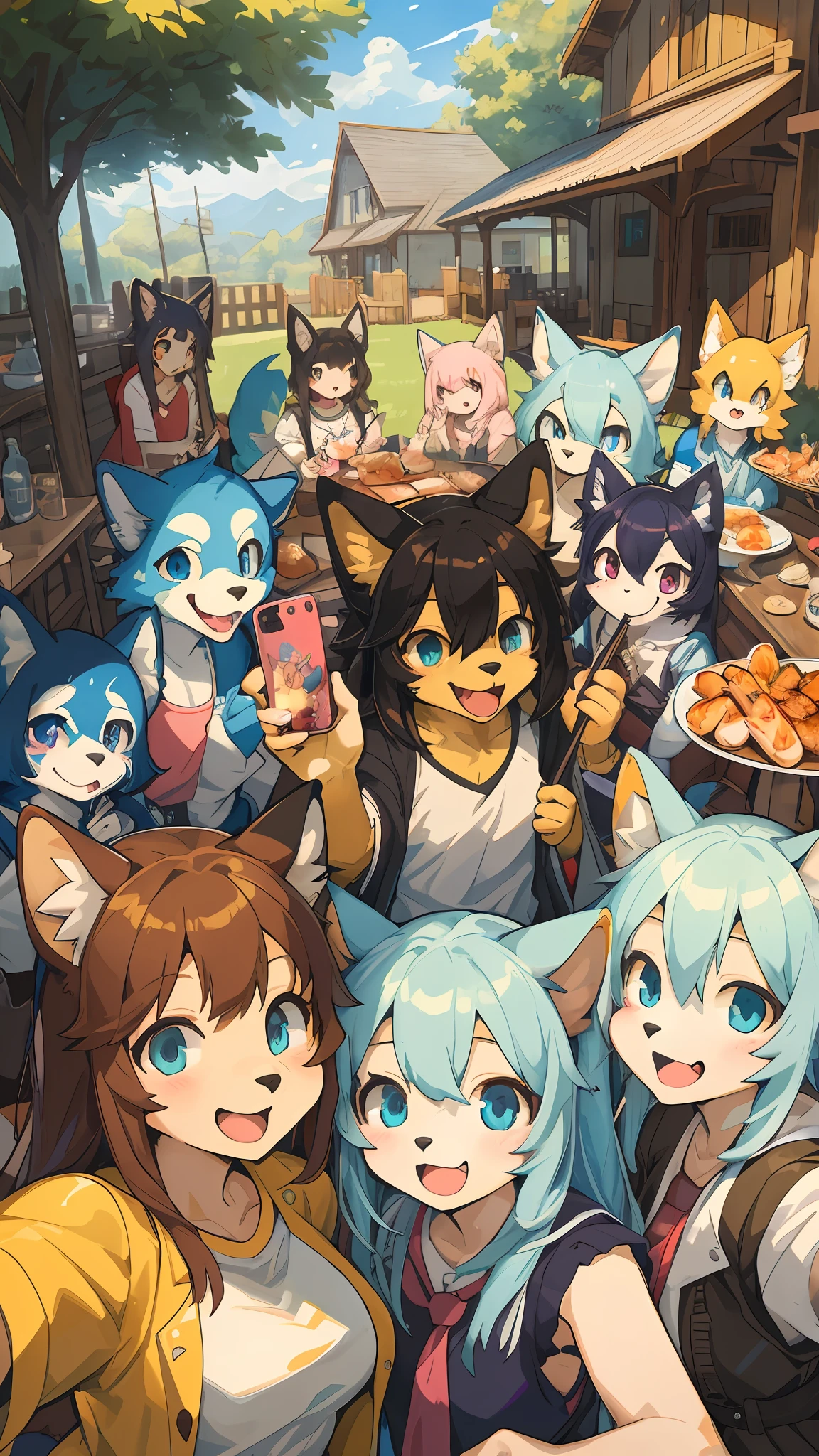 top quality, best quality, High-quality illustrations, masterpiece, super high resolution, detailed background, detailed background, BBQ, group shot:0.5, 6+boys, 6+girls, Happy, joyful, absurdres(highly detailed beautiful face and eyes)perfect anatomy(kemono, furry anthro)selfie:0.2,