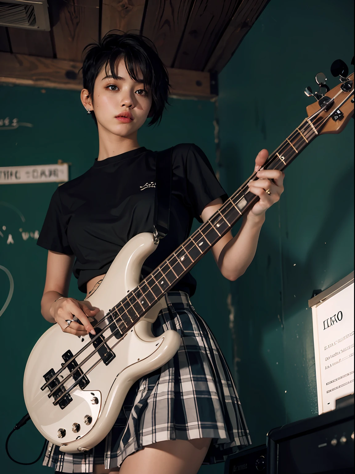 An 18-year-old woman,dyed blonde hair, Hair Ribbon、(Play the electric bass, 4 strings), Dark theme, Muted colors, High contrast, (Detailed skin texture, Hyper-Realism, Soft light, sharp), Blouse、Ribbon Ties、pleatedskirt、Raw feet