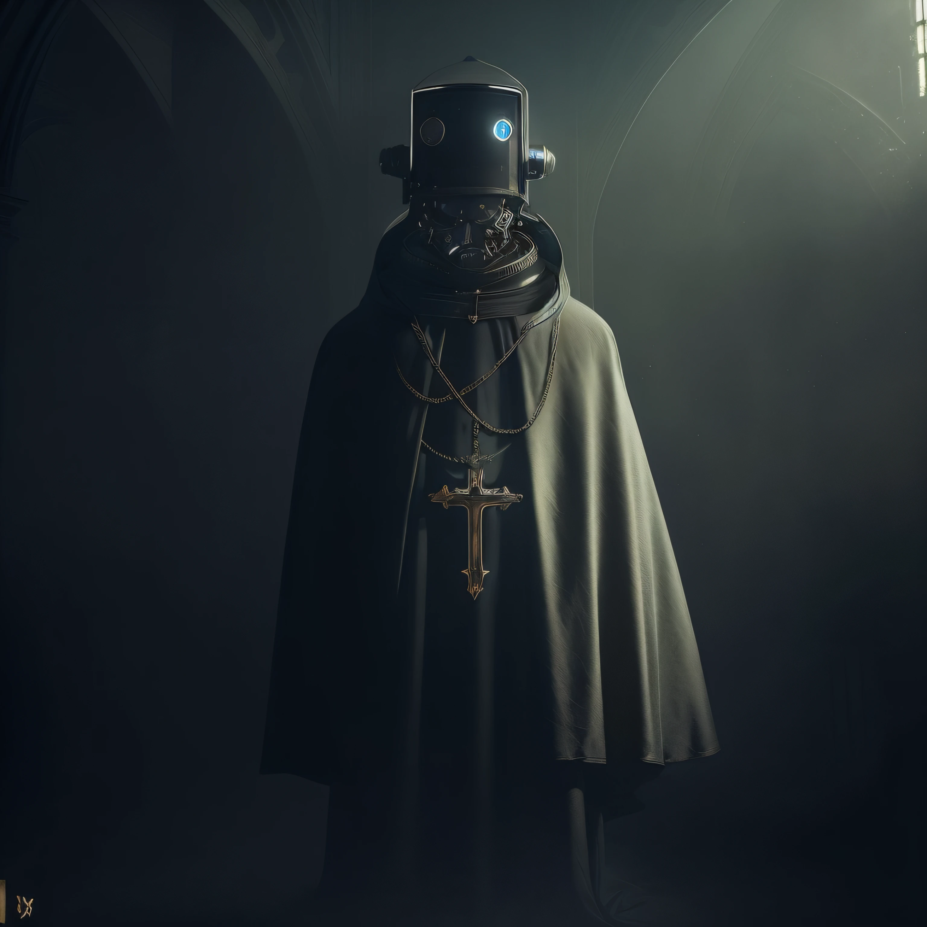Image of a sinister robot in a dirty old robe with a crucifix hanging inside a dark gothic satedral, Cyberpunk ortodoxo, robot bishop guards, robot pope, Inspirado Sci Vitoriano - Fi, Por Maxim Verehin, de um filme 2 0 1 9 sci fi 8k, Anton Fadeev 8 K, Inspirado em Maxim Verehin, knights templar in a space suit, Sci fi vintage escuro
