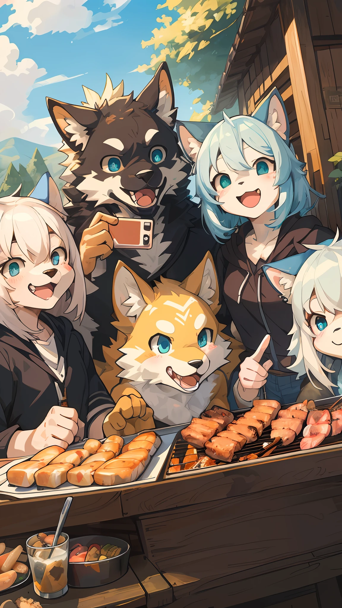 top quality, best quality, High-quality illustrations, masterpiece, super high resolution, detailed background, detailed background, BBQ, group shot:0.5, 6+boys, 6+girls, Happy, joyful, absurdres(highly detailed beautiful face and eyes)perfect anatomy(kemono, furry anthro)selfie:0.2,
