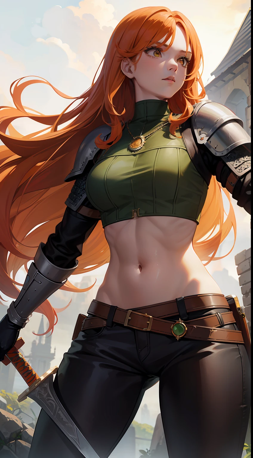 adult girl, long curly orange hair, The Witcher's Yellow Eyes, Green sleeveless top, open belly, musculature, leather armour, sword, Masterpiece, hiquality