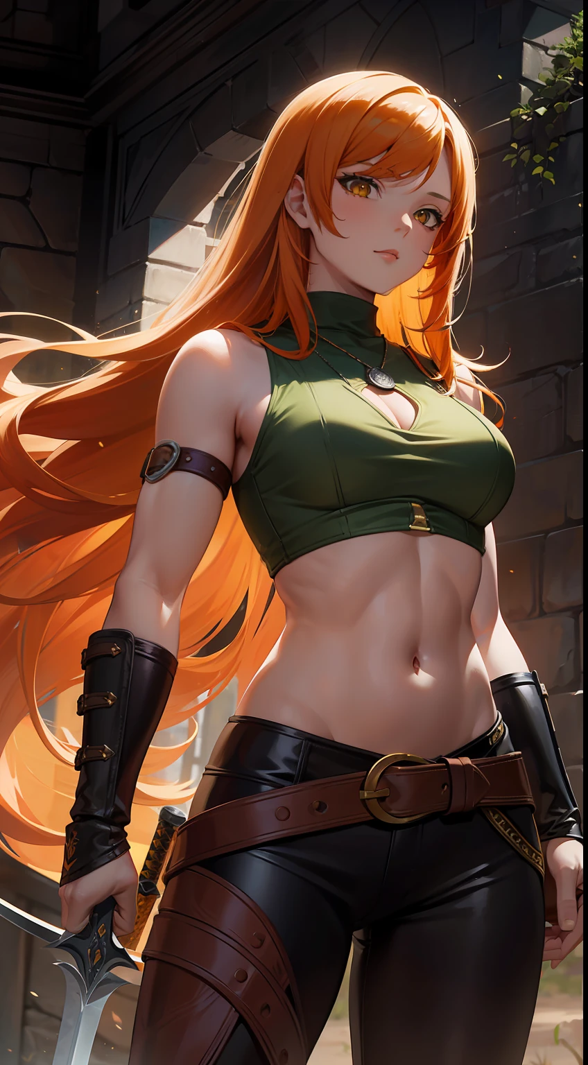 adult girl, long curly orange hair, The Witcher's Yellow Eyes, Green sleeveless top, open belly, musculature, leather armour, sword, Masterpiece, hiquality