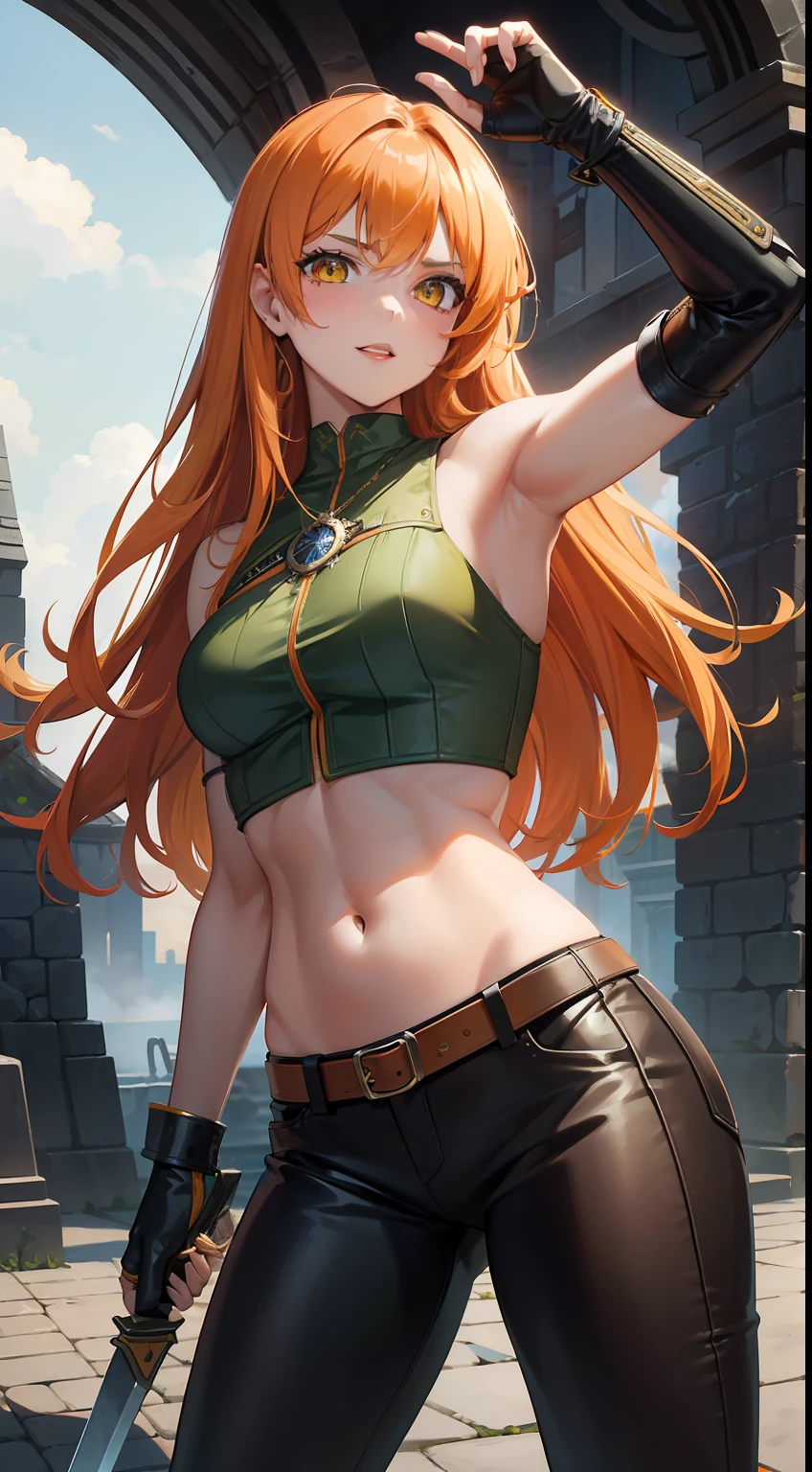 adult girl, long curly orange hair, The Witcher's Yellow Eyes, Green sleeveless top, open belly, musculature, leather armour, sword, Masterpiece, hiquality