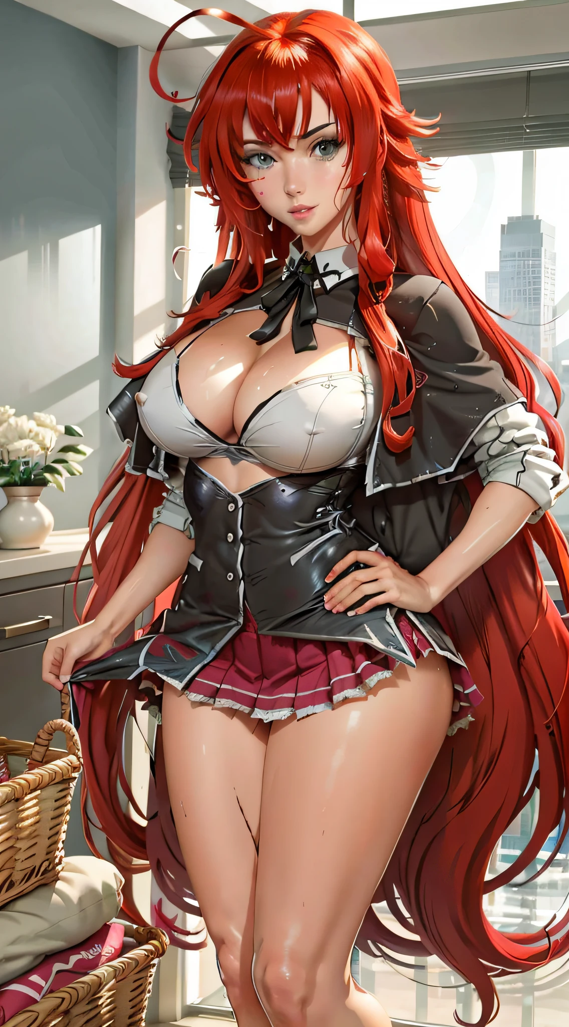 Rias gremory, 4k altamente detalhado realista ((corpo inteiro incluindo pernas)) Photo of beautiful sweaty 18-year-old Anglo-Saxon girl with ((maxilar afiado)) e peitinhos perky, in wet clothes standing by the bedroom window in a tall building with white walls in a wet sports bra with a deep neckline