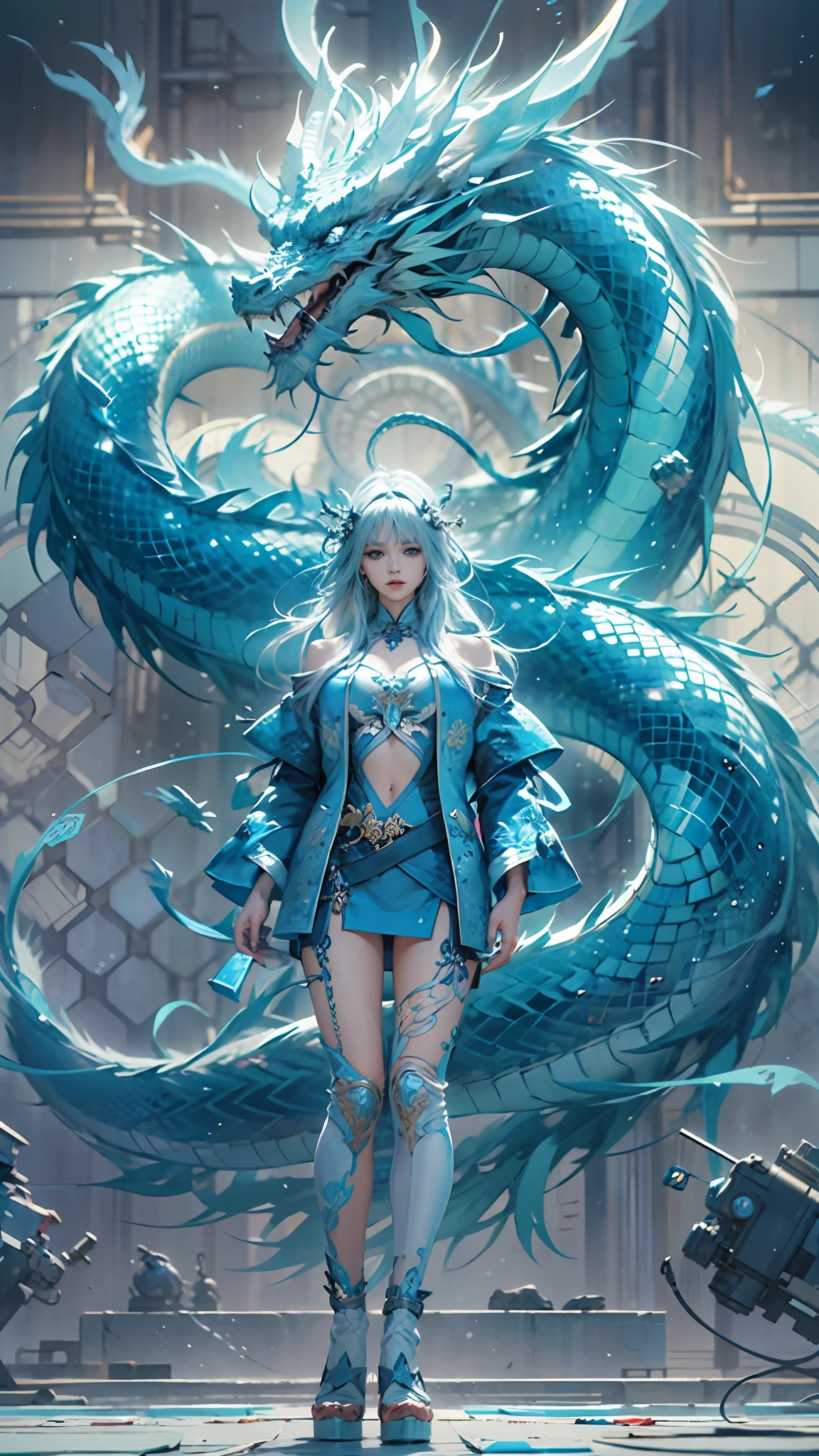 full body,a queen,blue crystal,a blue chinese dragon is behind in her,Cinematic Lighting,fantacy,hyperrealistic anime,Quilted paper art,Glass Art,(best quality,Extreme detail:1.5),8k