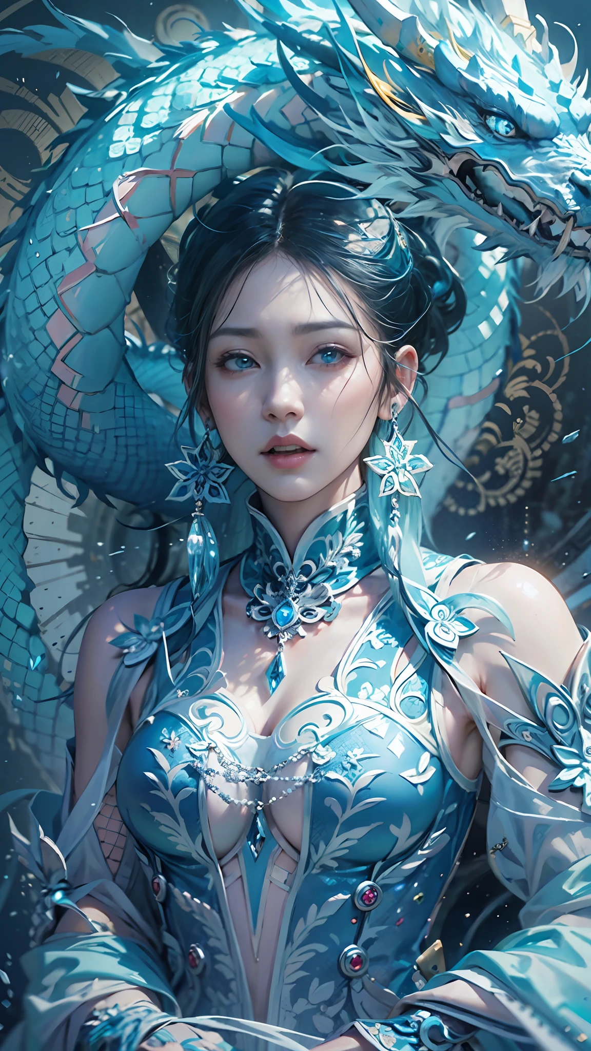 full body,a queen,blue crystal,a blue chinese dragon is behind in her,Cinematic Lighting,fantacy,hyperrealistic anime,Quilted paper art,Glass Art,(best quality,Extreme detail:1.5),8k