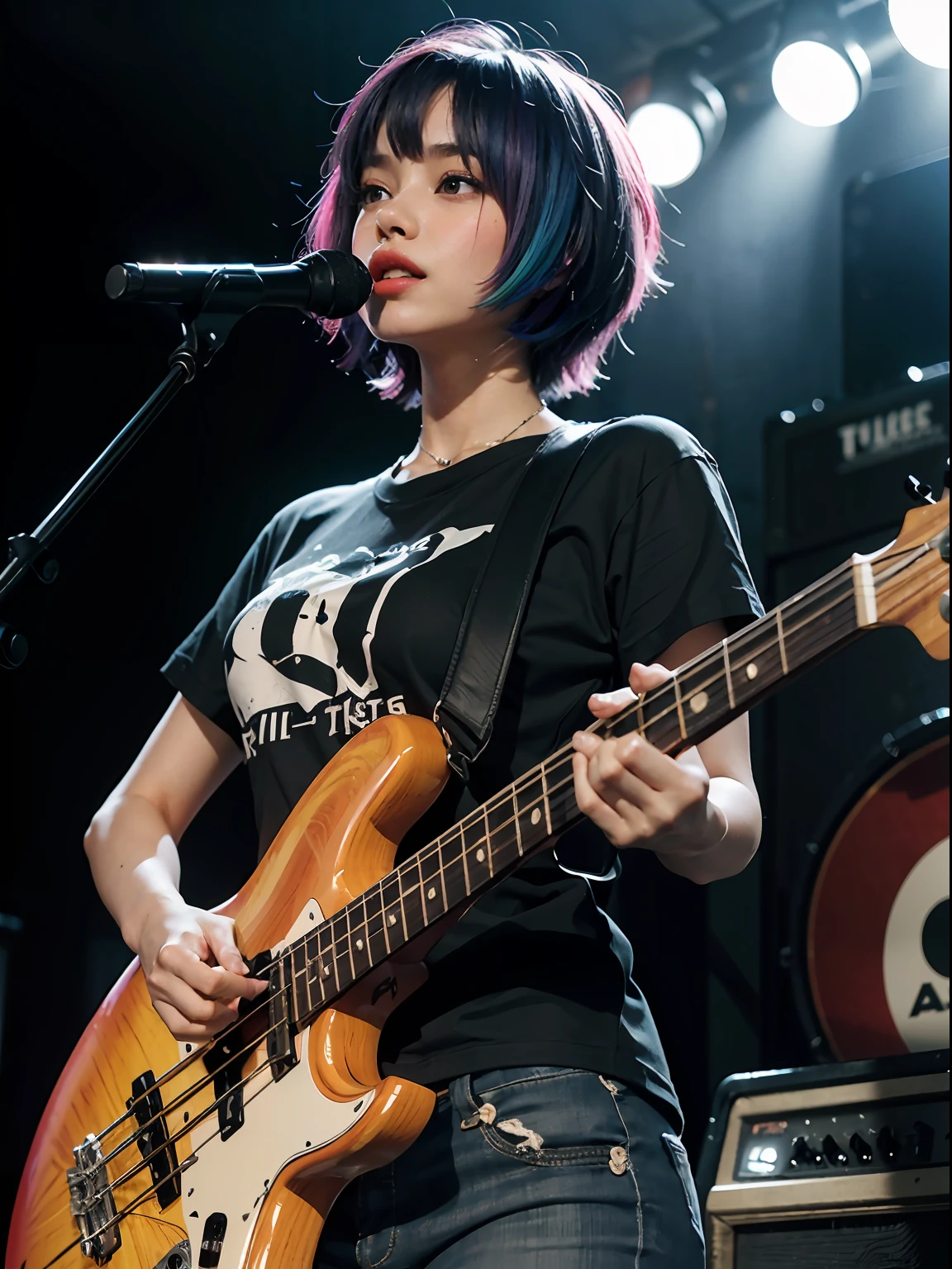 An 18-year-old woman,dyed blonde hair, Hair Ribbon、(Play the electric bass, 4 strings), Dark theme, Muted colors, High contrast, (Detailed skin texture, Hyper-Realism, Soft light, sharp), Blouse、Ribbon Ties、pleatedskirt、Raw feet