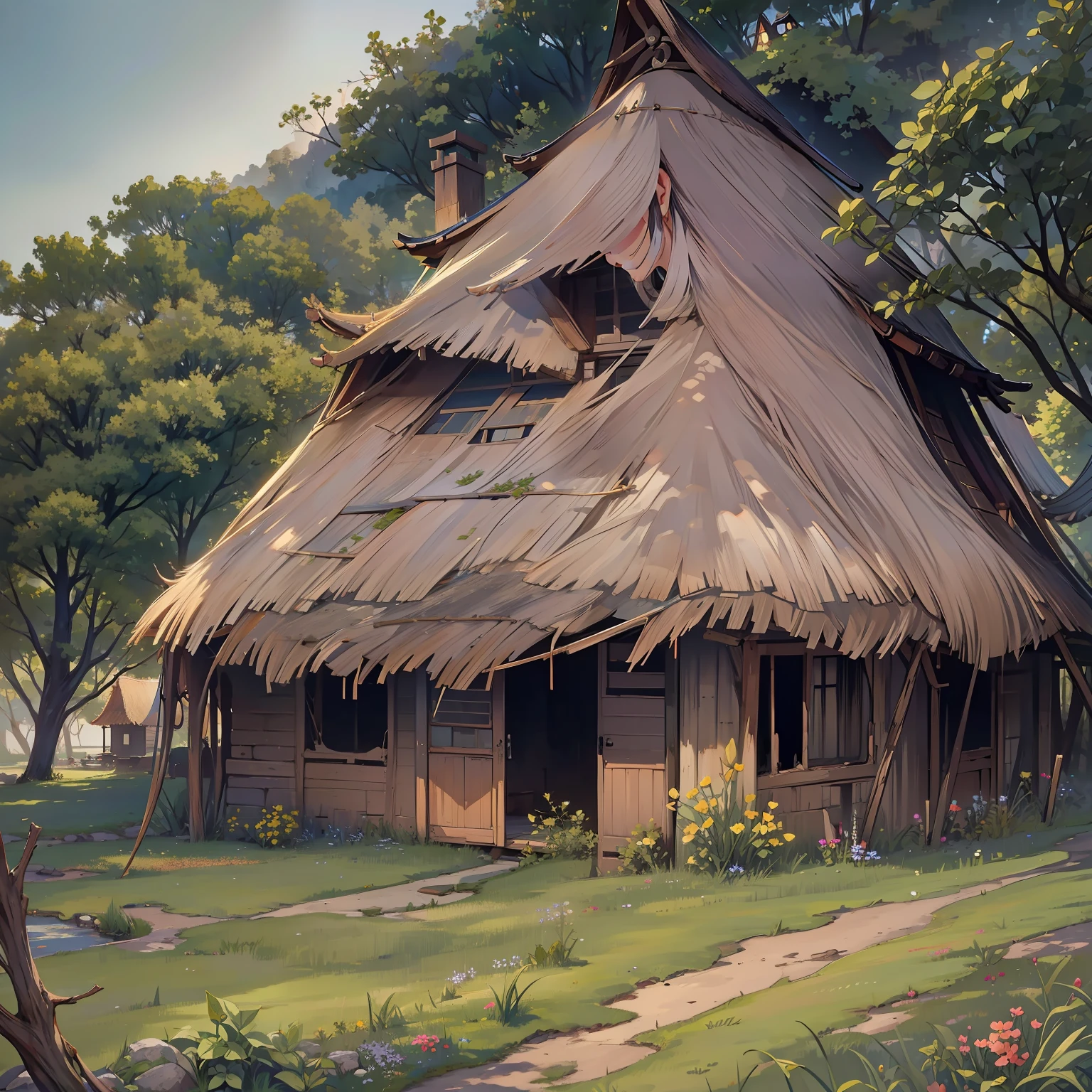 (A dilapidated thatched house)