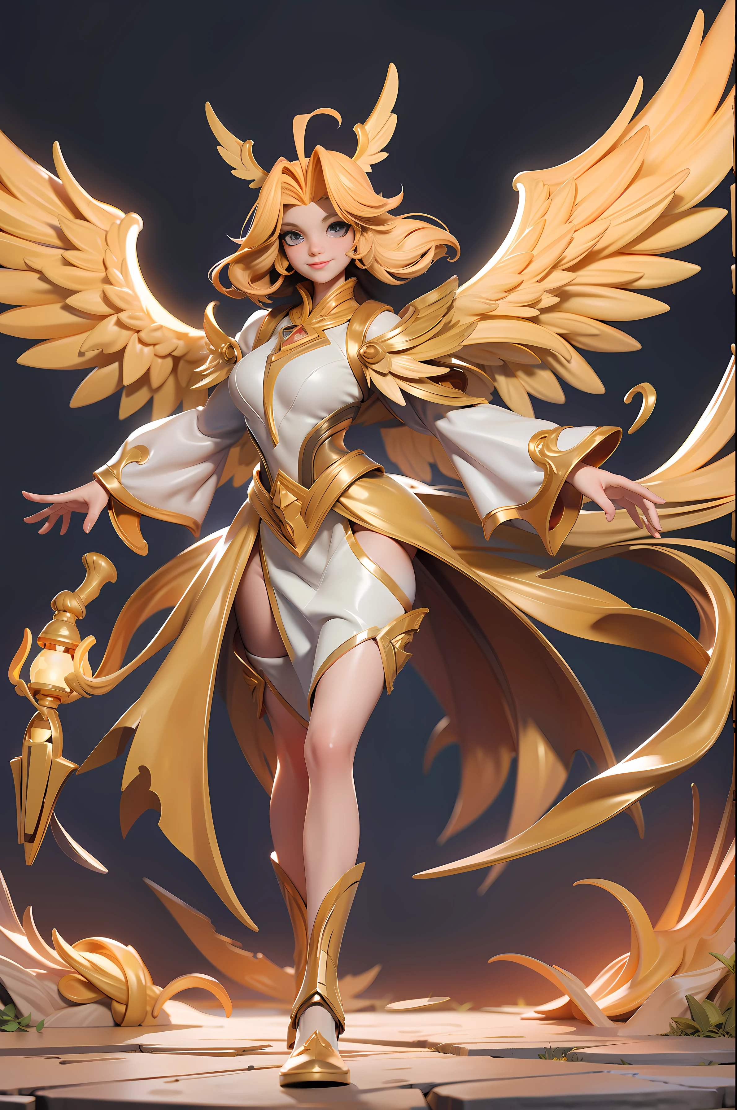 full body picture Unreal Engine 5 8K UHD of angel female, golden hair, have 4 angel wings, peaceful smile, have wisps flying around, bright heaven environment, best quality, masterpiece