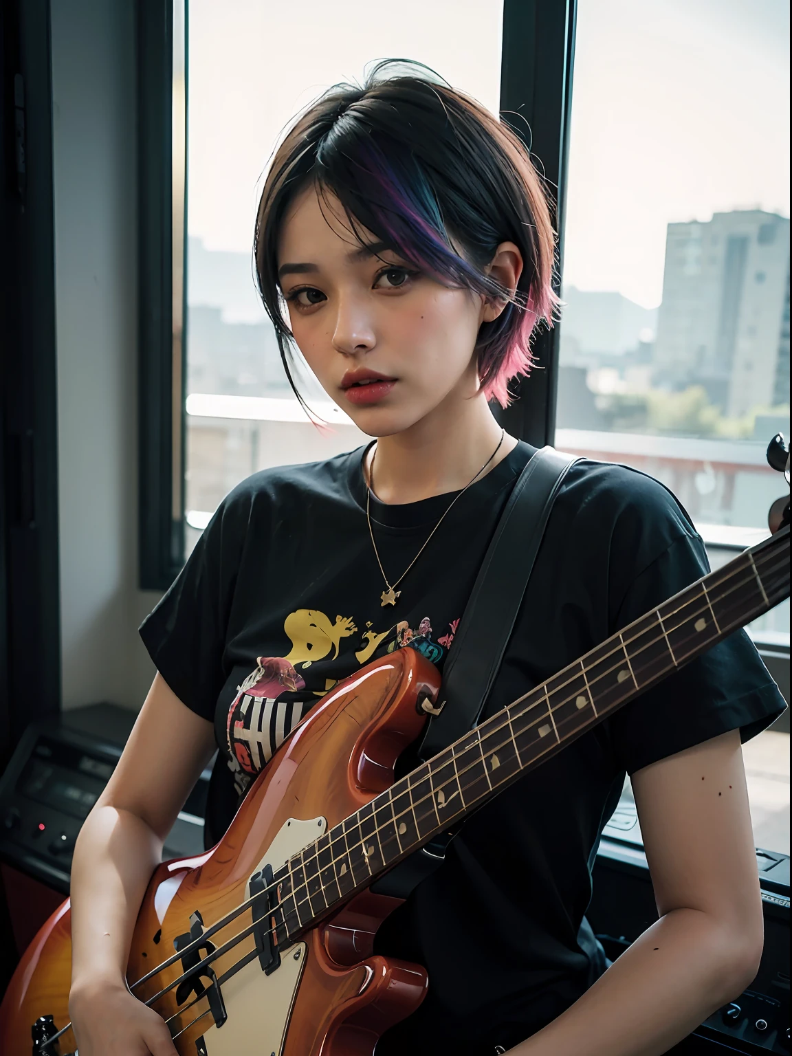 An 18-year-old woman,(hi-top fade:1.3),rainbow hair, Side Shaved Hair, (Play the electric bass, 4 Strings), Dark theme, Muted colors, High contrast, (Tuttos skin texture, Hyper-Realism, Soft light, sharp), Psychedelic T-shirt,