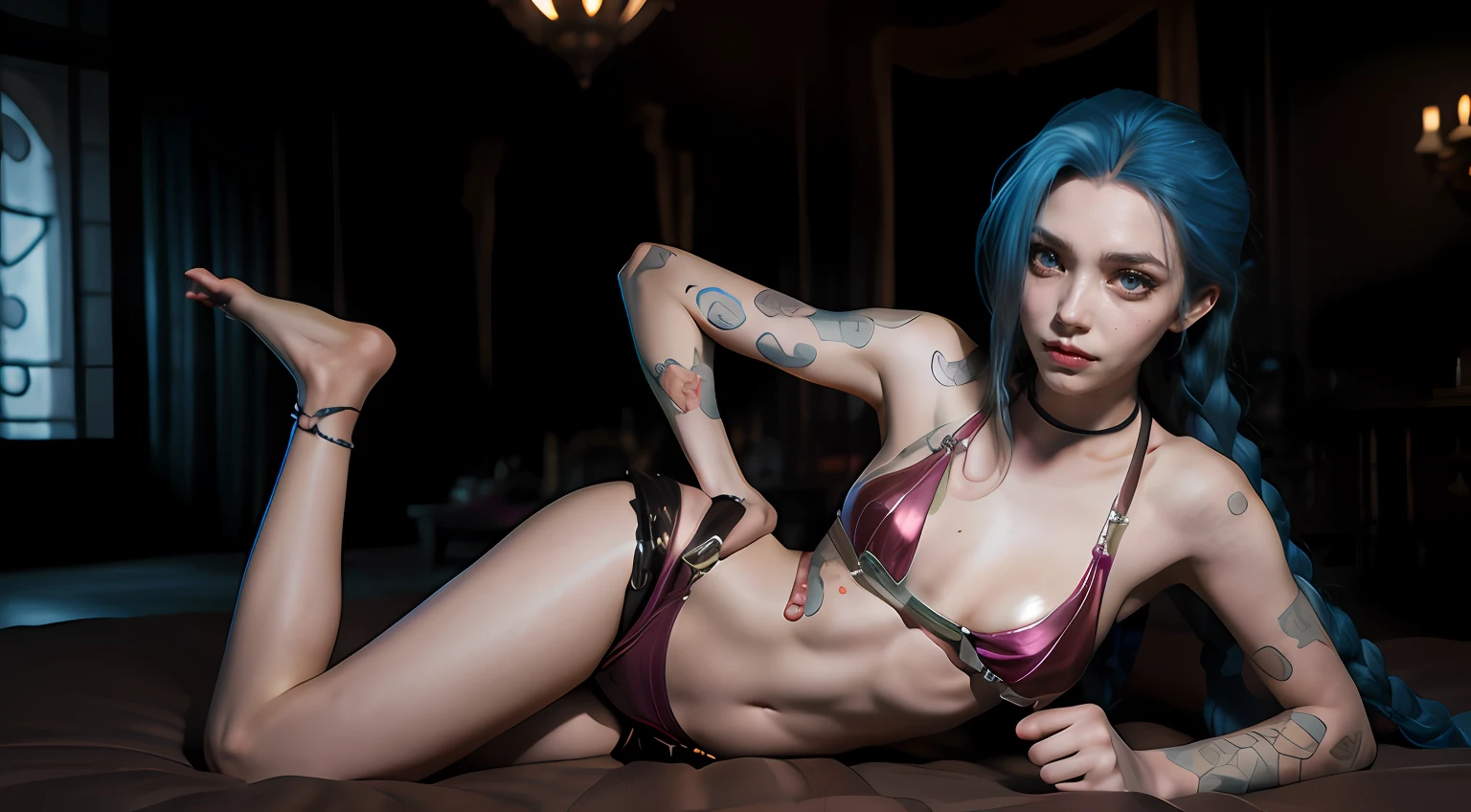 Jinx，league of legend，Nice face，full bodyesbian，long leges