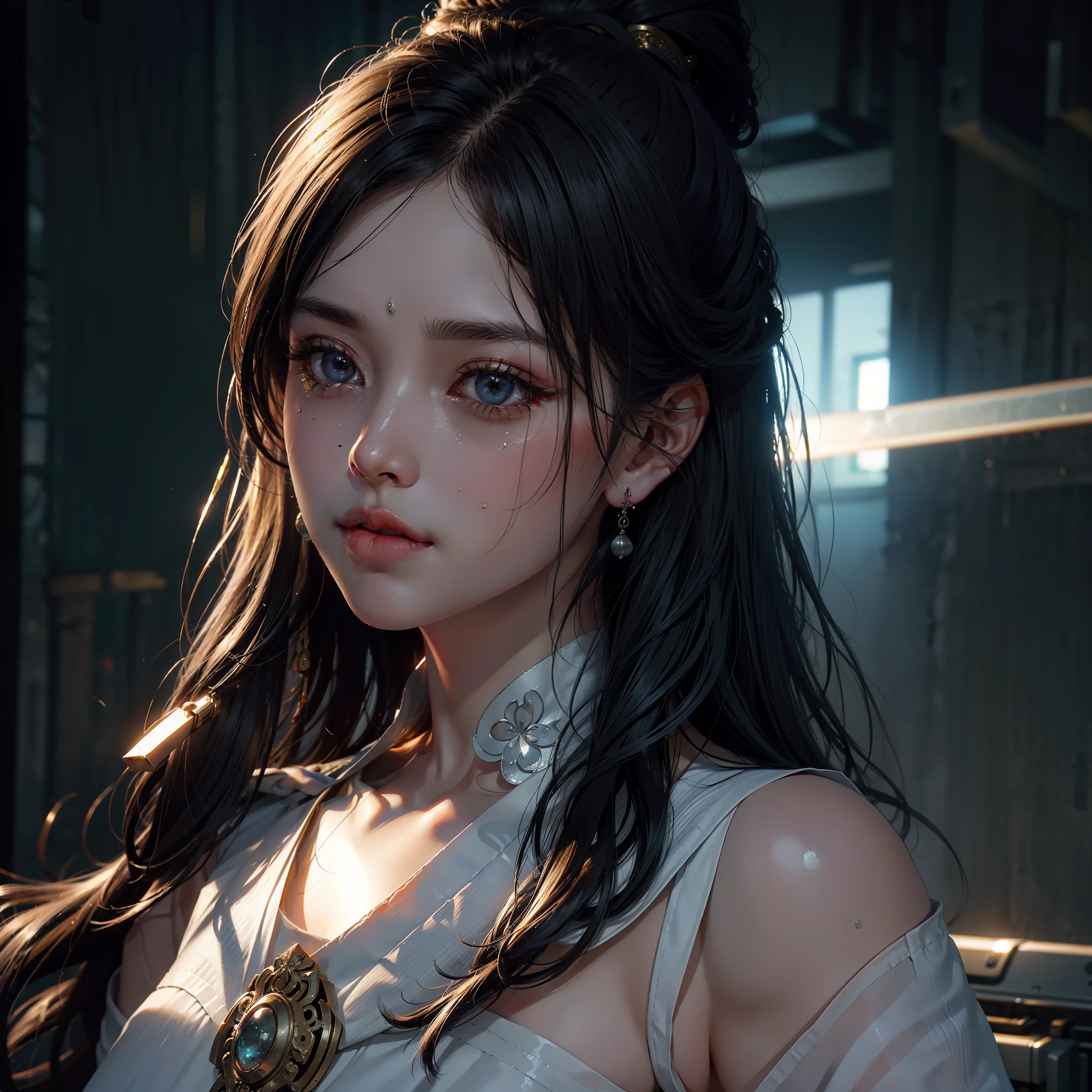 tmasterpiece,ultra fine photos,best qualtiy,超高分辨率,photorealistic realism,An ancient beauty,the setting sun,early evening,(((very vey very detailed face))),((A sad expression))),chineseidol,Chinese face,sad,beatiful detailed eyes,Sad eyes,Disappointed expression,crying, unconscious, sobbing, ((Big tears)),(((very vey very detailed face))),((very detailed eyes and faces))),beatiful detailed eyes,,messy hair,misty background,highly detailedskin,Realistic details of skin,Visible pores,Clear focus,volume fog,8k uhd,digital SLR camera,high qulity,filmgrain,White skin of the,photo-realism,lomography,A huge metropolis of the dystopia of the future, look from down,semi transparent