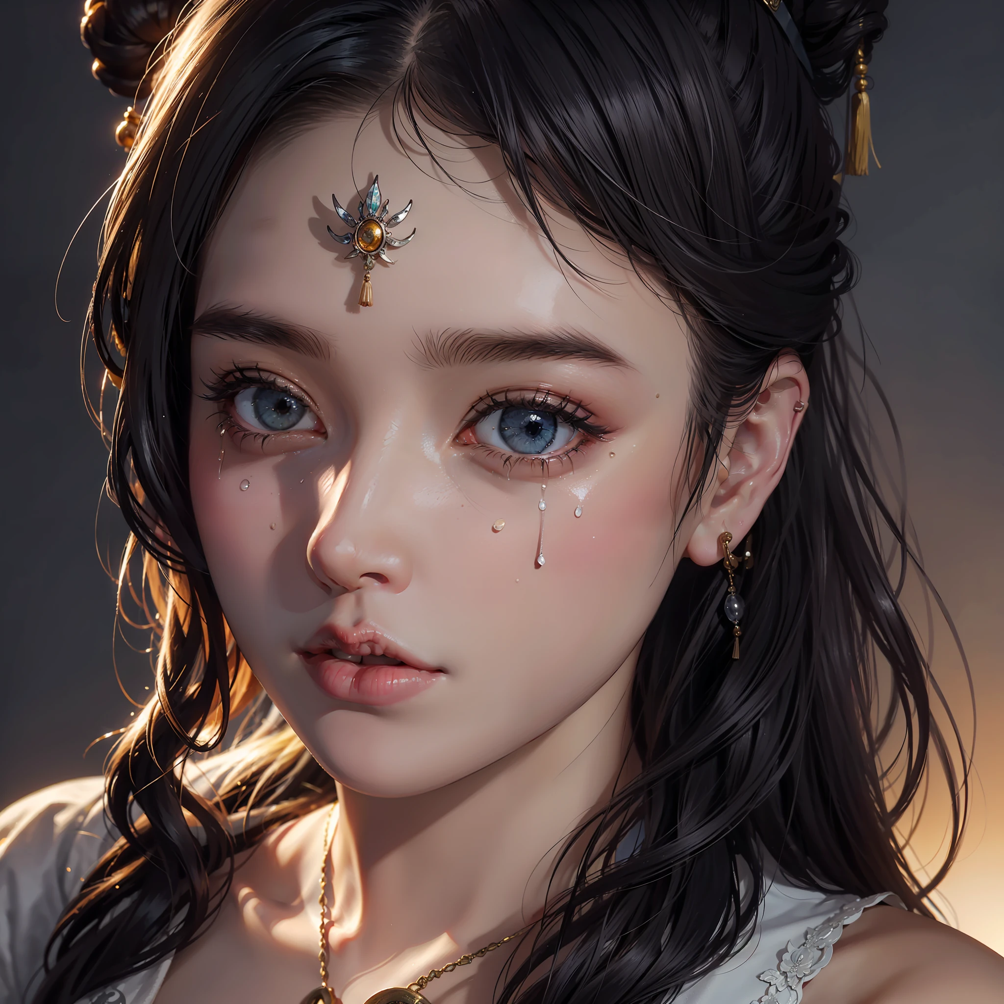 tmasterpiece,ultra fine photos,best qualtiy,超高分辨率,photorealistic realism,An ancient beauty,the setting sun,early evening,(((very vey very detailed face))),((A sad expression))),chineseidol,Chinese face,sad,beatiful detailed eyes,Sad eyes,Disappointed expression,crying, unconscious, sobbing, ((Big tears)),(((very vey very detailed face))),((very detailed eyes and faces))),beatiful detailed eyes,,messy hair,misty background,highly detailedskin,Realistic details of skin,Visible pores,Clear focus,volume fog,8k uhd,digital SLR camera,high qulity,filmgrain,White skin of the,photo-realism,lomography,A huge metropolis of the dystopia of the future, look from down,semi transparent