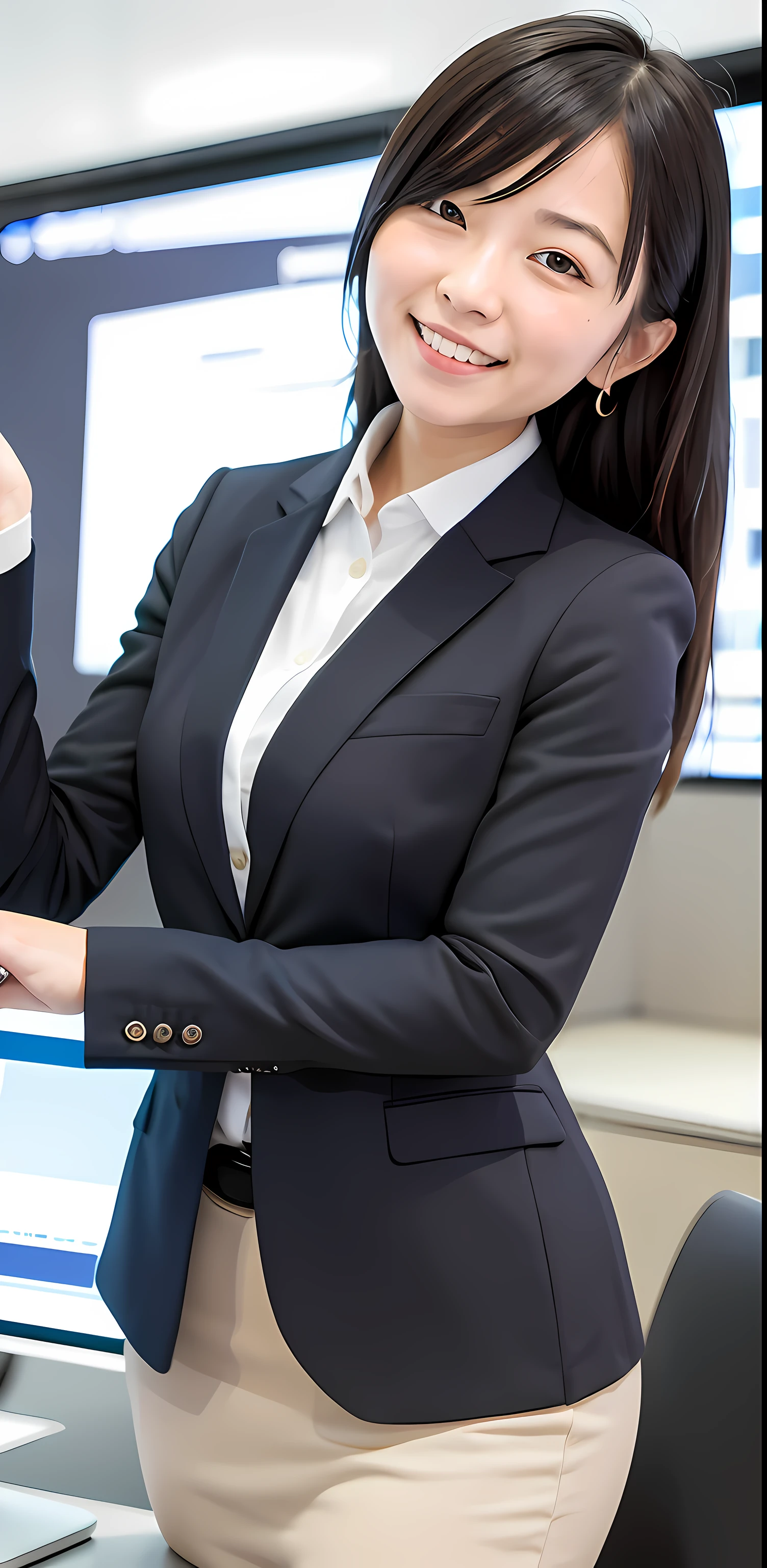 Masterpiece, imagine 27yo business woman is enthusiastically making a presentation in the front of large digital display in the digital office in Tokyo. Her beautiful and cute face. viewer looking, fine detail, detailed face