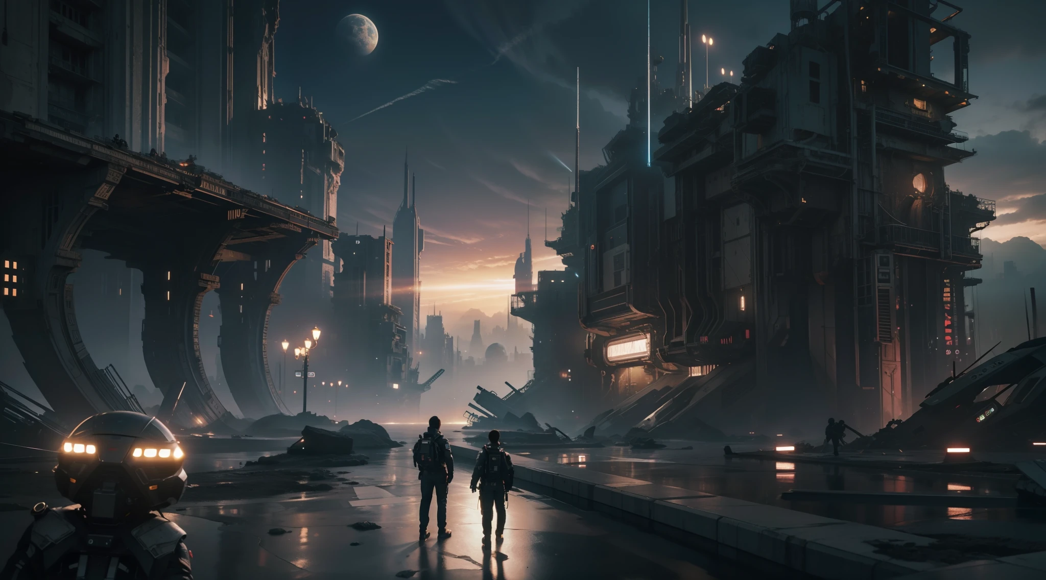 the night，Astronauts are exploring the ruins of a futuristic city. The scene was full of anticipation and mystery. The perspective overlook scene is full of intricate details, Show off cinematic style ，surrealism, hyper photorealism, Chiaroscuro, Depth of field, JPEG artifacts, Wide shot, Perspective, Atmospheric perspective, in a panoramic view, Lens flare, hyper HD, Masterpiece, ccurate