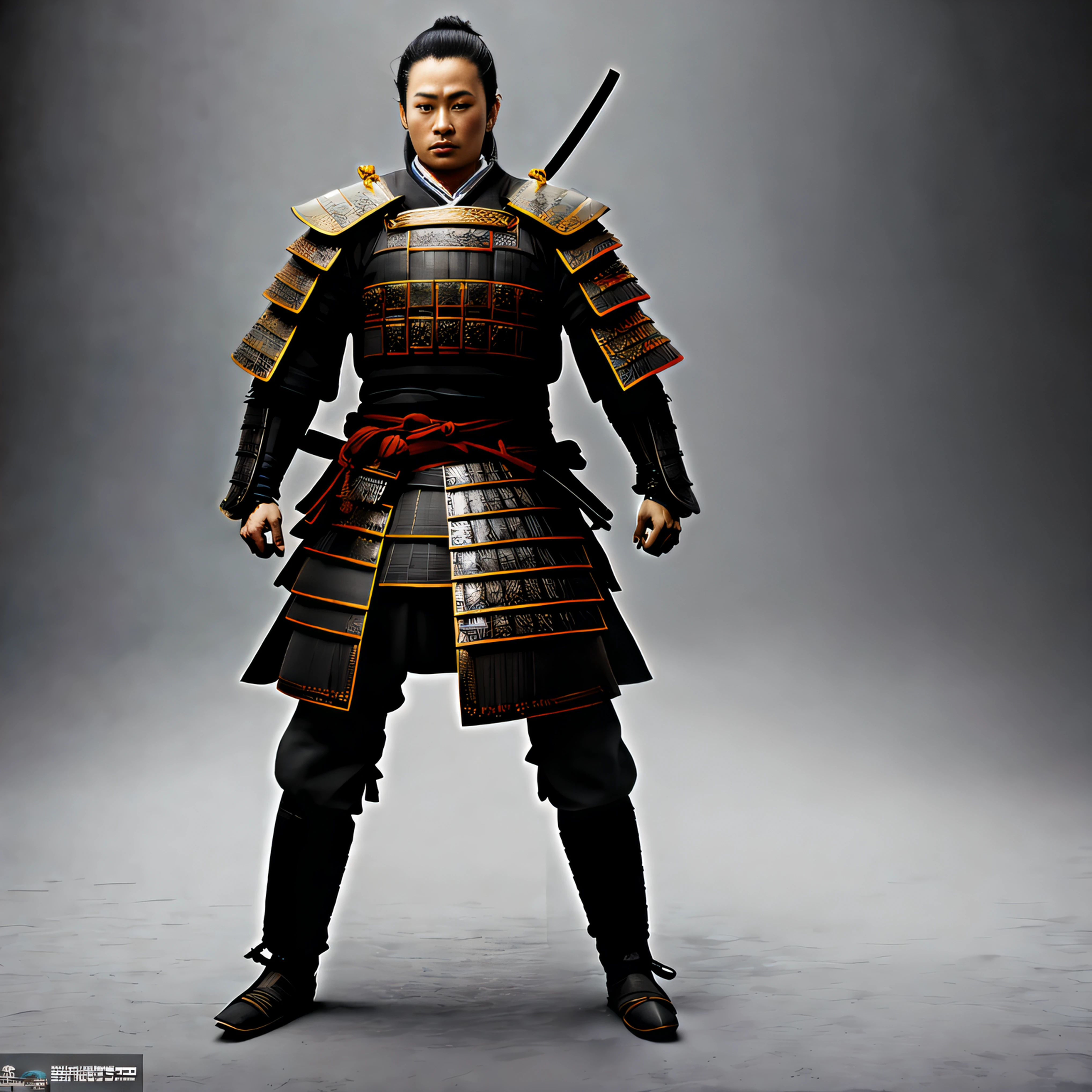 a photo of a samurai standing, front view, (full body:1.4), studio lighting, insane details