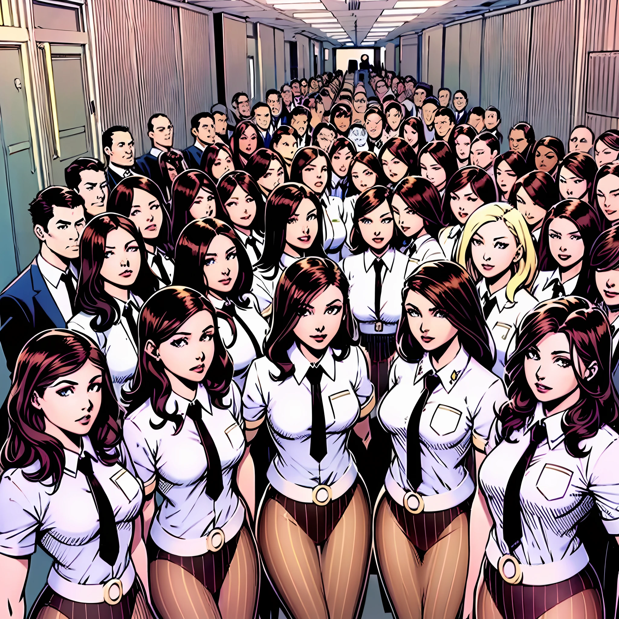 perfect anime illustration, multiple girls, thousands of girls, millions of girls, clones, identical sisters, neat rows of sisters, neat columns of sisters, sisters standing in formation, sisters in background, brown hair, curly hair, matching hairstyle, hazel eyes, smiling, ((matching outfits, office lady, employee uniform)), matching hairstyles, white background, highres, full body, pose