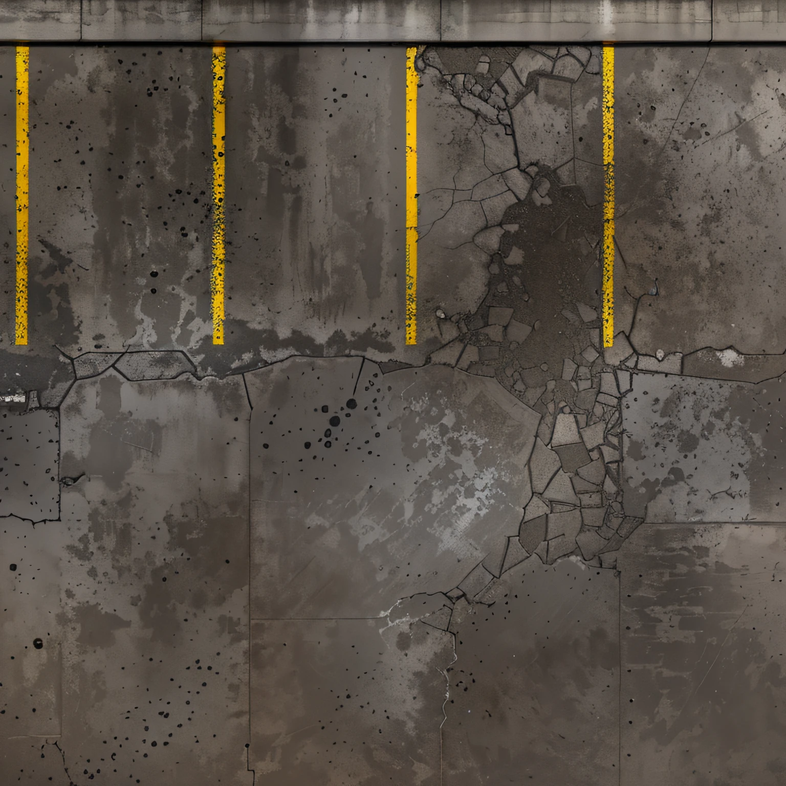 Top view photo of the parking lot with a yellow line, Seamless parking texture with curb and yellow shabby marking lines, there is broken asphalt, concrete slabs and asphalt, Traces of wheels on the asphalt, [[empty warehouse]] Background, concrete _ wallside ) ], parking, high resolution details, High-resolution detail, concrete, Untextured, Super High Resolution, high resolution texture, concrete wall, dark hangar background, Gray warehouse background, high resolution textures, High resolution and detail