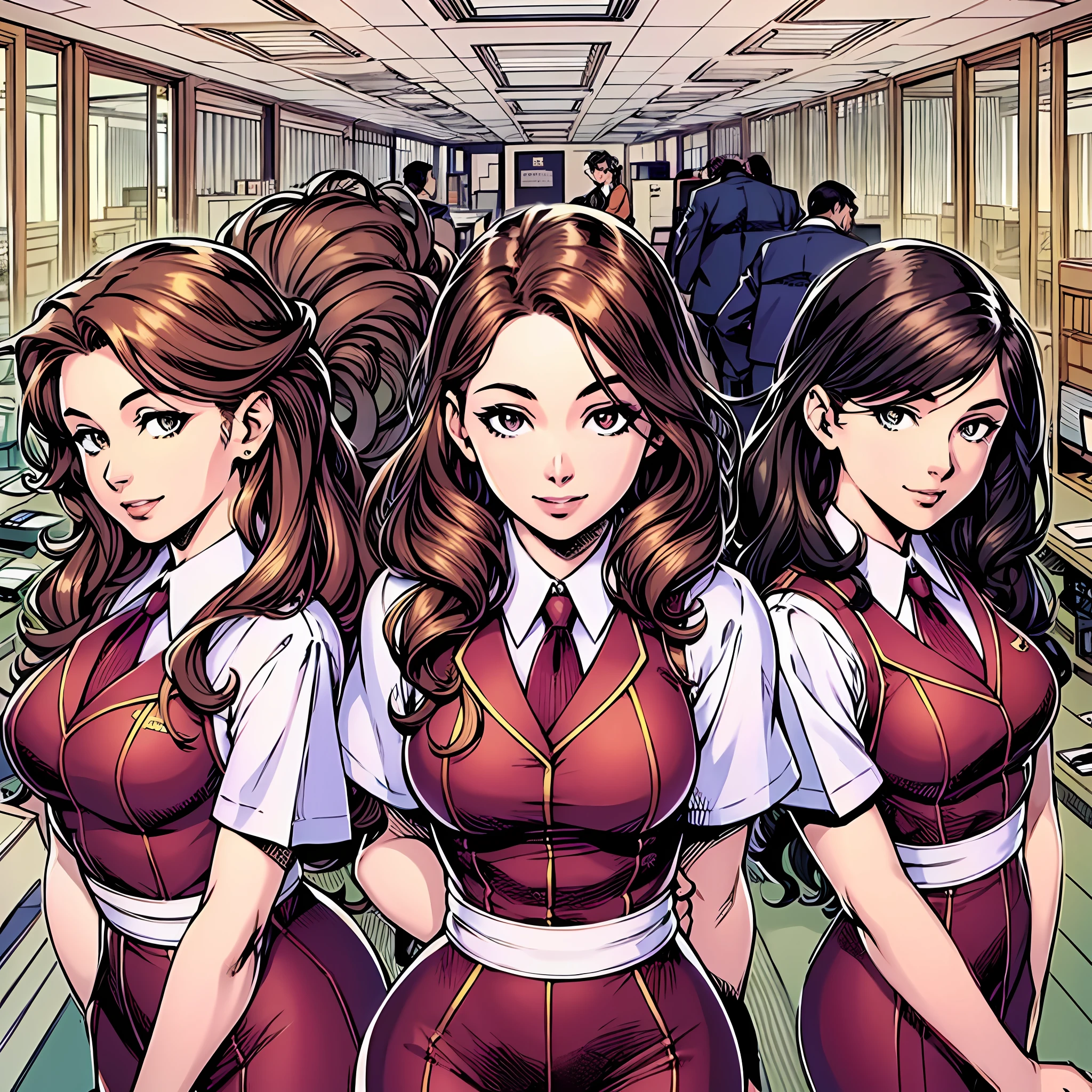 perfect anime illustration, multiple girls, thousands of girls, millions of girls, clones, identical sisters, neat rows of sisters, neat columns of sisters, sisters standing in formation, sisters in background, brown hair, curly hair, matching hairstyle, hazel eyes, smiling, ((matching outfits, office lady, employee uniform)), matching hairstyles, white background, highres, full body, pose