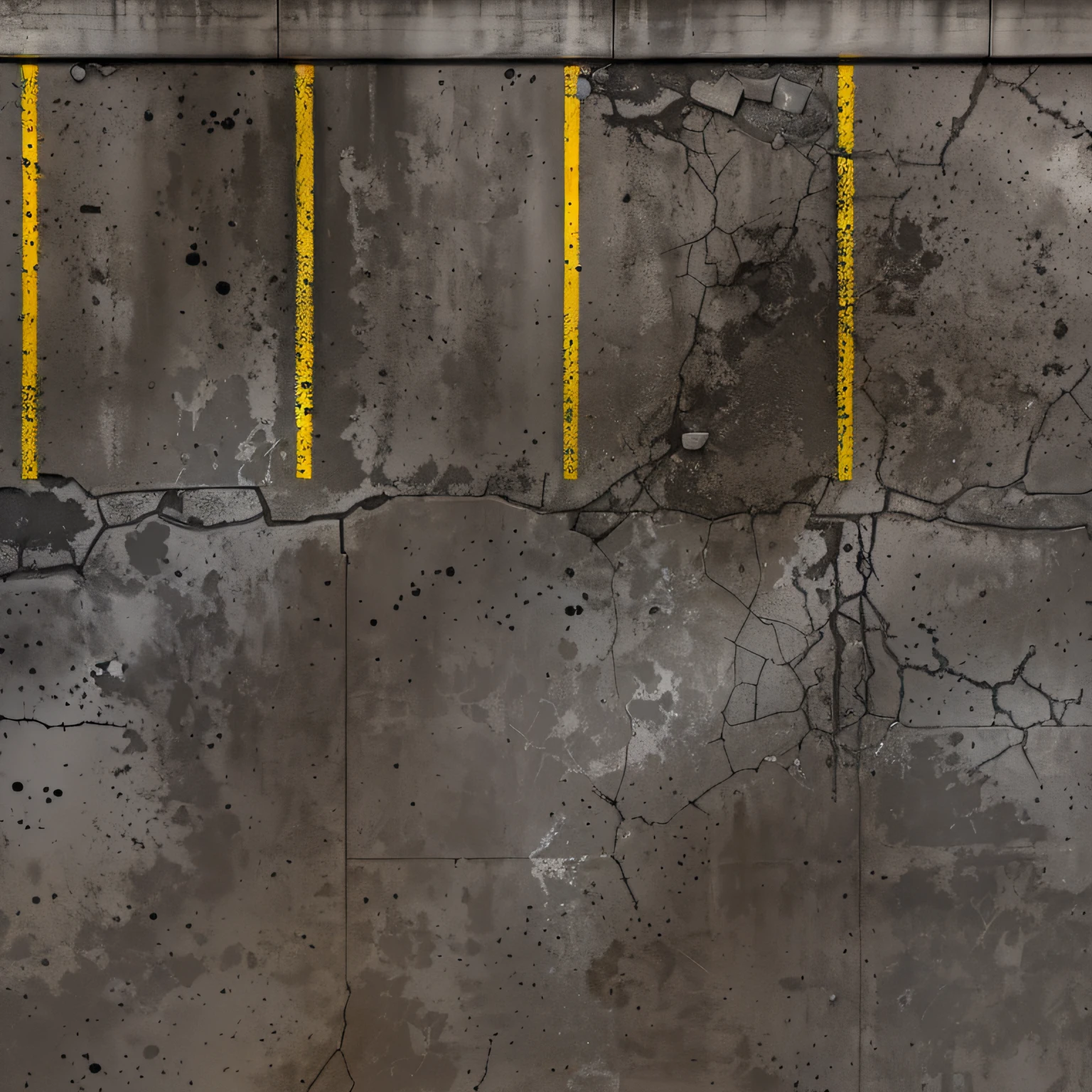 Top view photo of the parking lot with a yellow line, Seamless parking texture with curb and yellow shabby marking lines, there is broken asphalt, concrete slabs and asphalt, Traces of wheels on the asphalt, [[empty warehouse]] Background, concrete _ wallside ) ], parking, high resolution details, High-resolution detail, concrete, Untextured, Super High Resolution, high resolution texture, concrete wall, dark hangar background, Gray warehouse background, high resolution textures, High resolution and detail