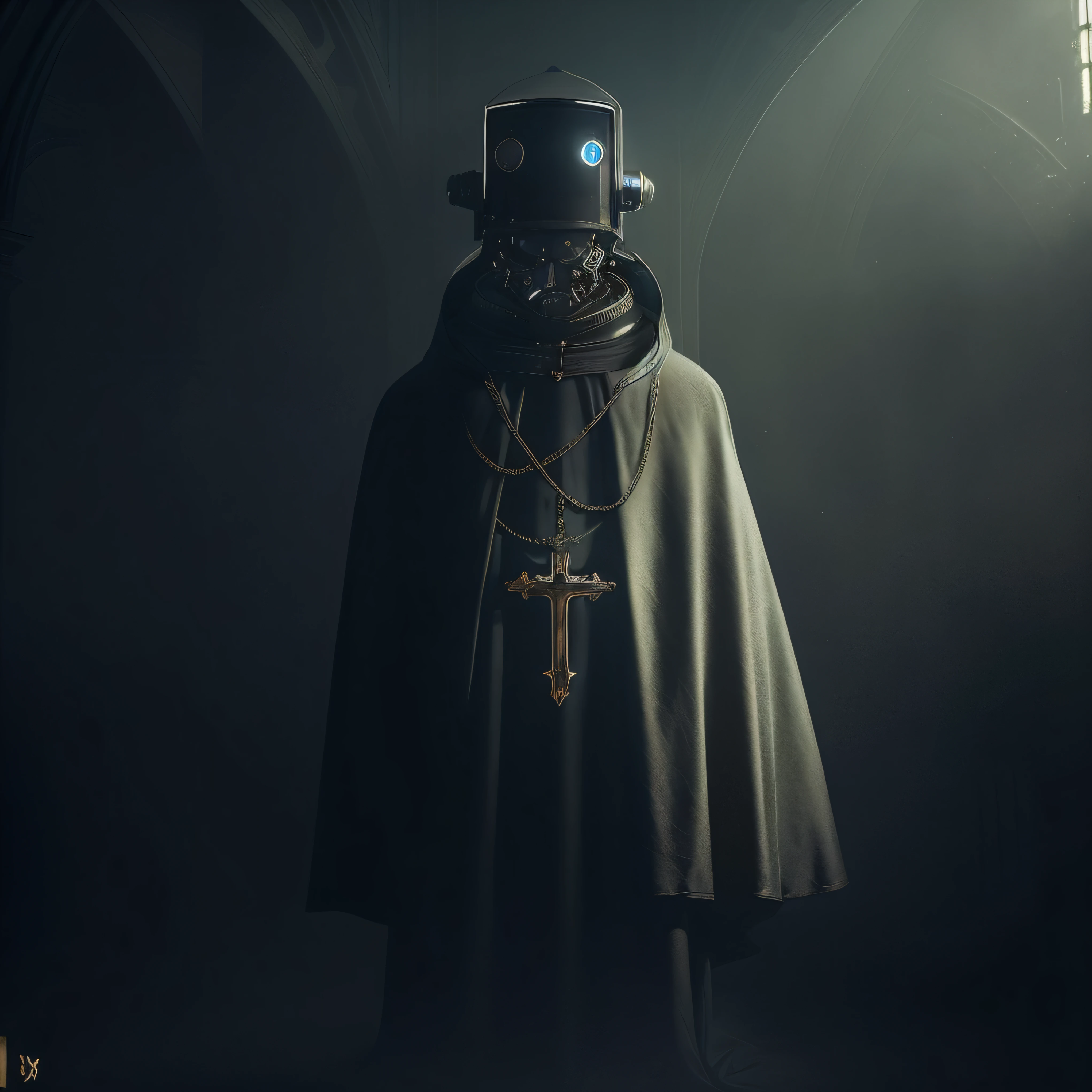 Image of a sinister robot in a dirty old robe with a crucifix hanging inside a dark gothic satedral, Cyberpunk ortodoxo, robot bishop guards, robot pope, Inspirado Sci Vitoriano - Fi, Por Maxim Verehin, de um filme 2 0 1 9 sci fi 8k, Anton Fadeev 8 K, Inspirado em Maxim Verehin, knights templar in a space suit, Sci fi vintage escuro