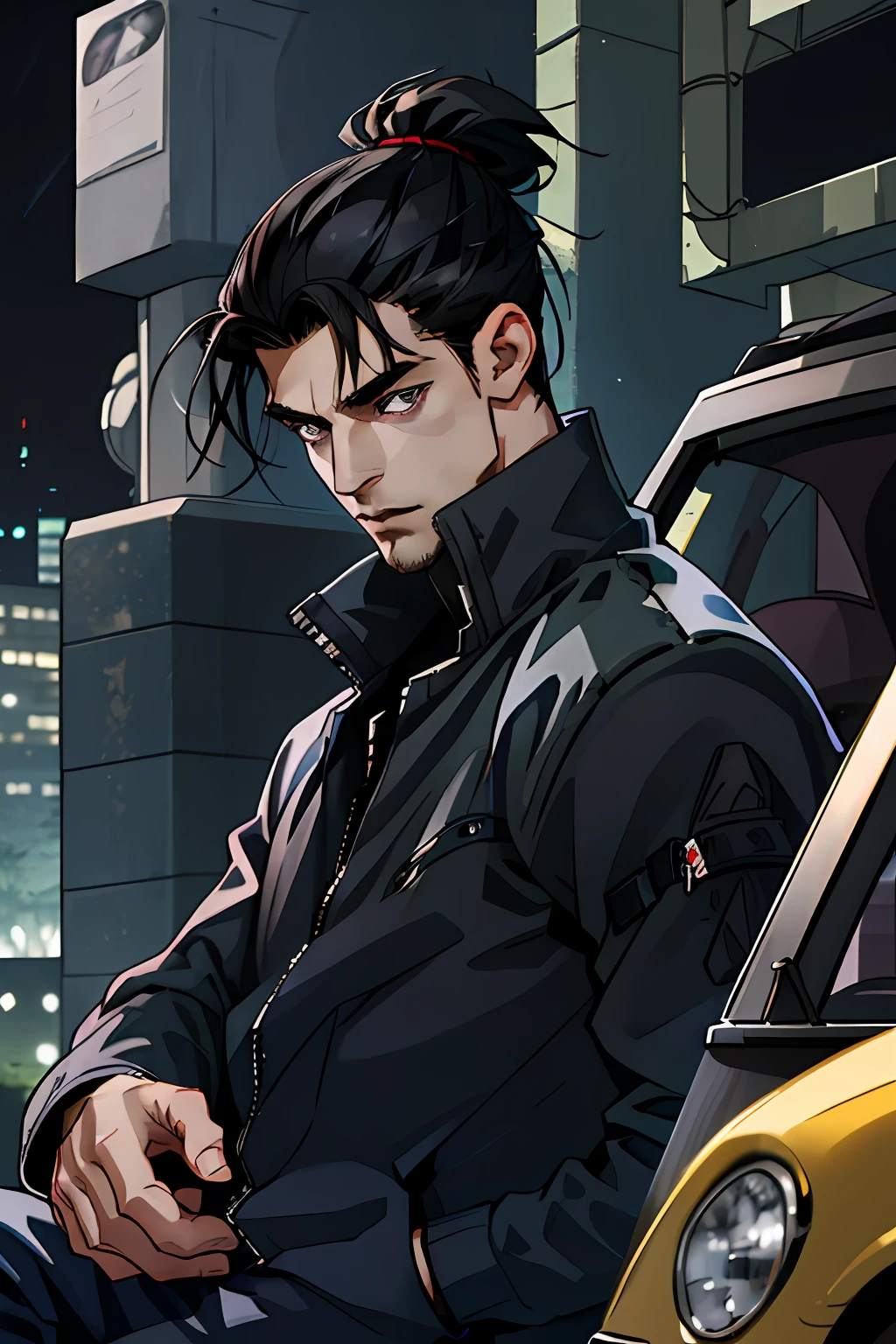 (absurdes, ah high, ultra detialed), ciberpunk, 1人, tmasterpiece, Mature man, big, beste-Qualit, extra high resolution, nightfall, urban landscape, Depth of field, tall muscular guy, ((gray eyes)) , Long black hair, forehead, angular jaw, thick neck, wide shoulders, Stern face, Collared jacket, Single man, beard, ciberpunk