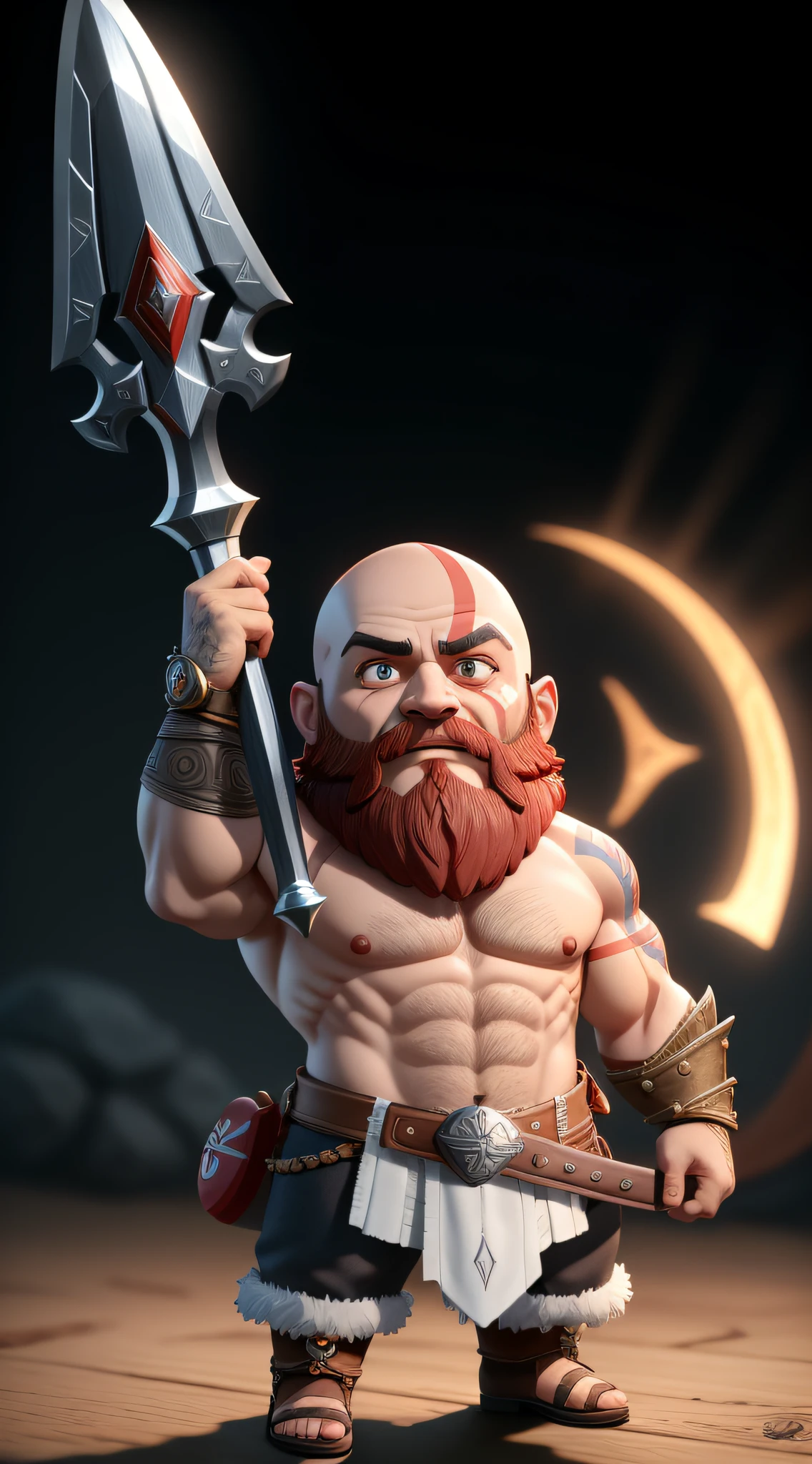 cute little kratos from god of war (2018), chibi, ultra detailed, pixar design, 4k, uhd, studio lighting, full body, beard, bald, leviathan axe in his hand, modern disney style