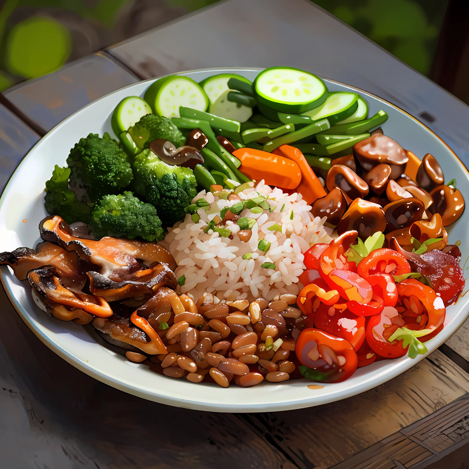 There is a food plate that includes rice, Beanstalk, and vegetables, NCIS, Fotografia de comida de alta qualidade, arroz, delicioso, oferecendo um prato de comida, Vegetais, ❤🔥🍄🌪, bonito!, assunto completo mostrado na foto, Directed by: Julia Pishtar, !!Beautiful!!, ( visualmente deslumbrante, tigela cheia de comida, um hiper realista