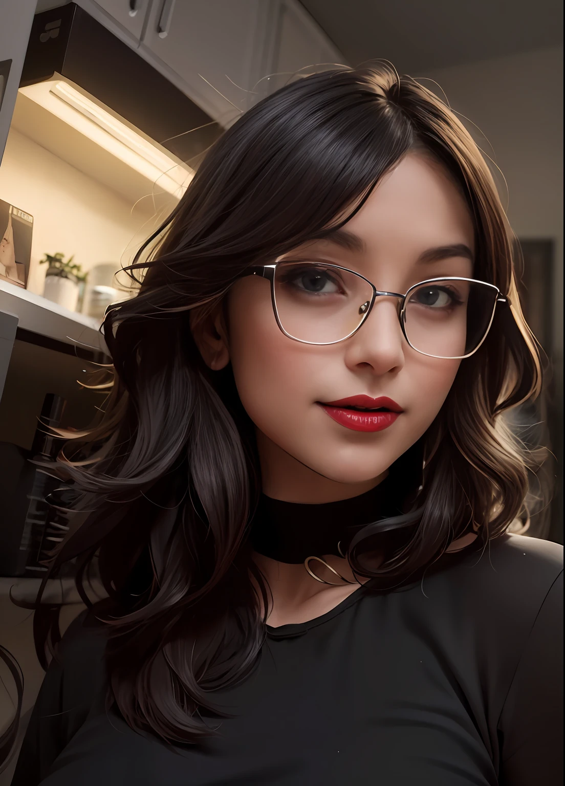 there is a woman with glasses and a black shirt posing for a picture, Directed by: Nandor Soldier, foto de perfil headshot, foto de perfil profissional, imagem de perfil, wavy long black hair and glasses, Valentina Embaralhamento, imagem frontal, Mulher de 30 anos, 3 0 anos de idade mulher, Alanis Guillen, imagem do avatar, imagem profissional, red lips