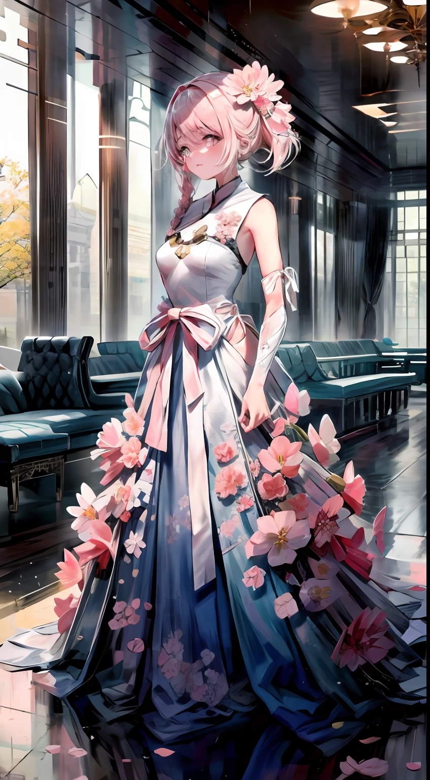 Ruan Shu wore a pale pink cherry blossom-like princess dress today，Her soft hair is tied into two small braids coiled around the back of her head，There is also a hair ornament in the shape of a bow。Her delicate and fair little face was completely exposed，Only a little sparse bangs on the forehead cover it。