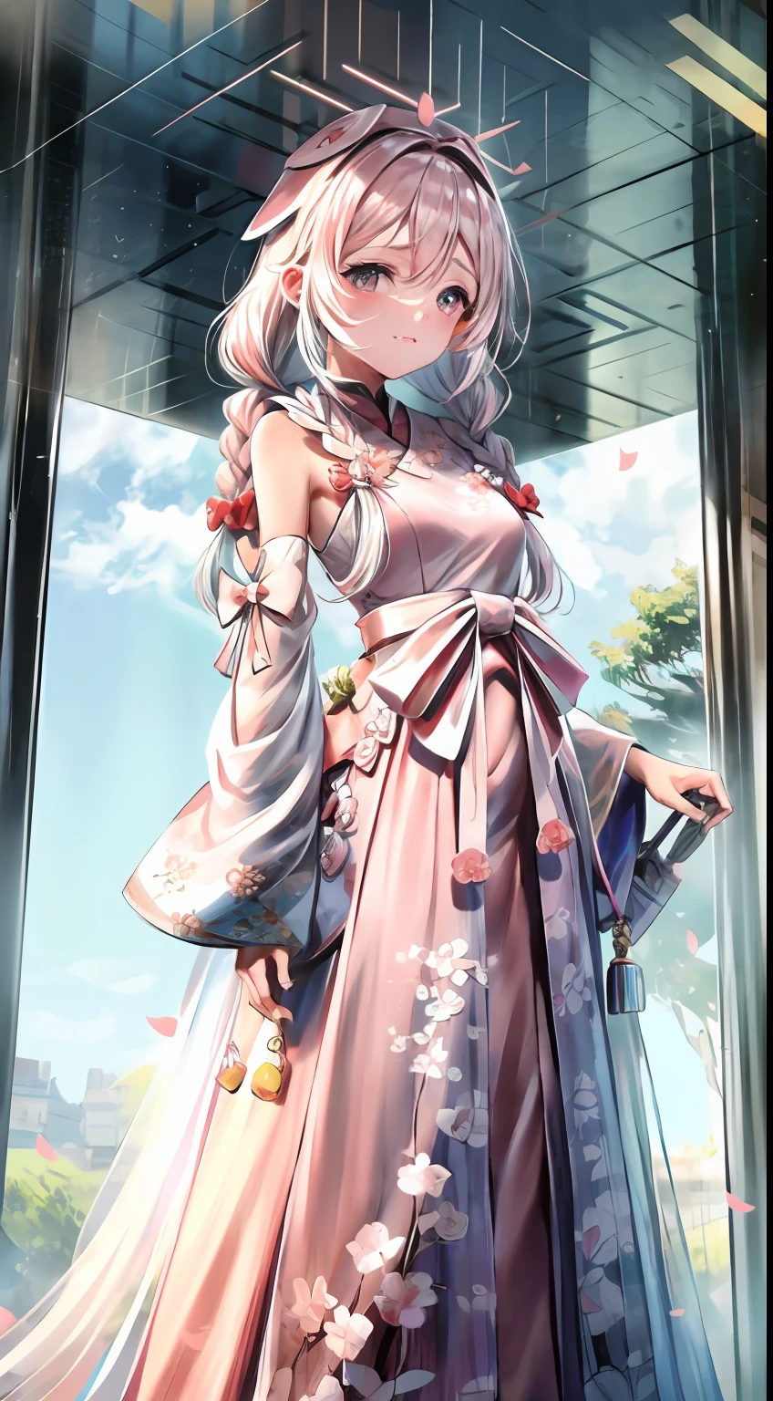 Ruan Shu is wearing a light pink cherry blossom-like princess dress today,The soft hair was tied in two small braids coiled at the back of the head,There's also a hair accessory in the shape of a bow。Her delicate and fair little face was completely exposed,Only a little sparse bangs on the forehead cover it。