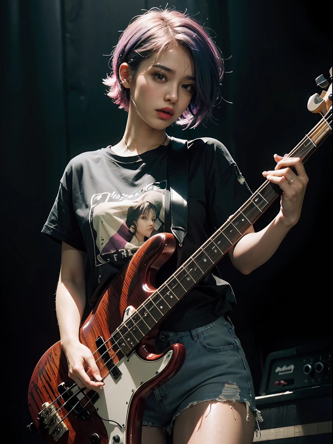 An 18-year-old woman,dyed blonde hair, Hair Ribbon、(Play the electric bass, 4 strings), Dark theme, Muted colors, High contrast, (Detailed skin texture, Hyper-Realism, Soft light, sharp), Blouse、Ribbon Ties、pleatedskirt、Raw feet