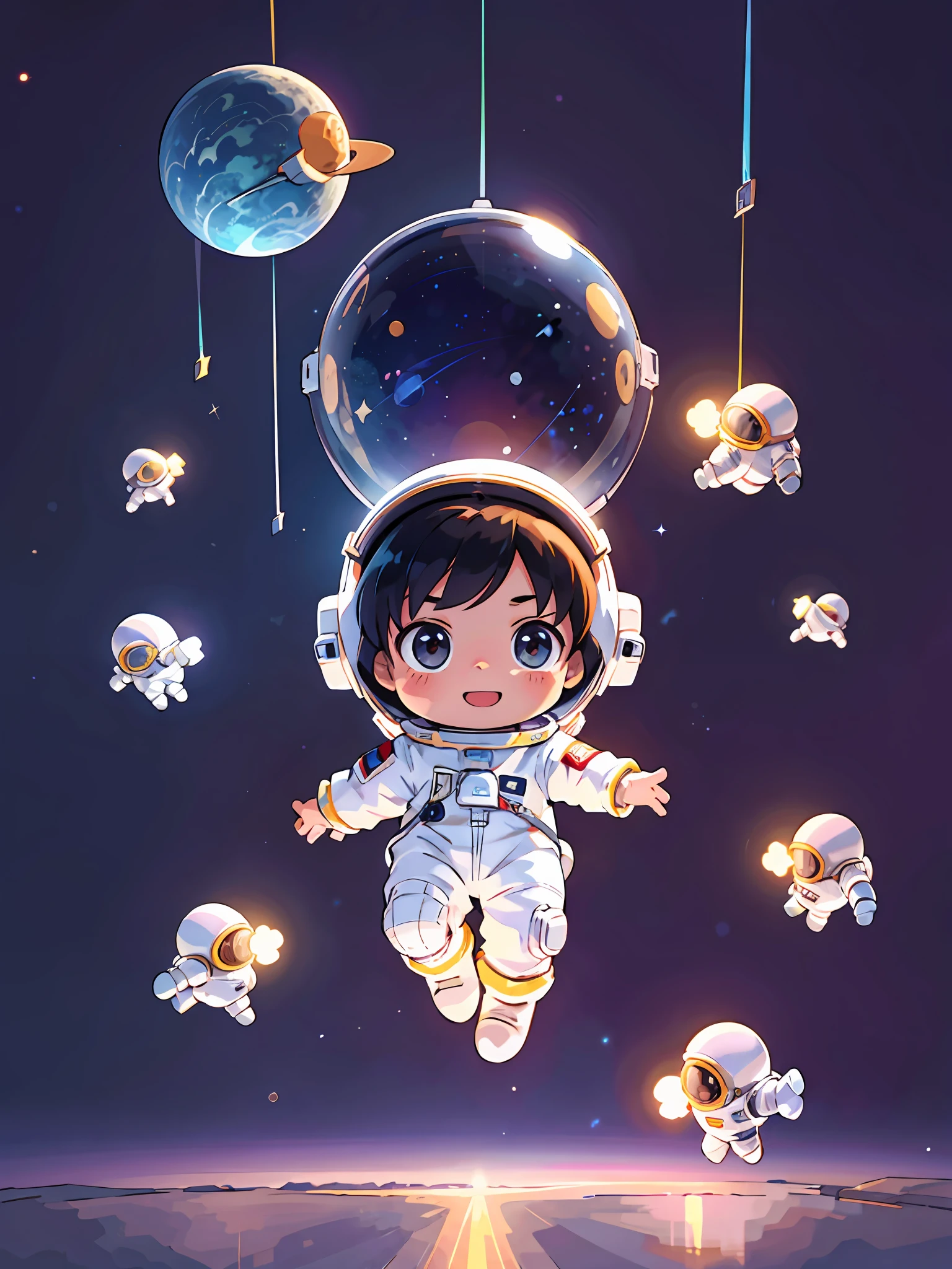 (best-quality:0.8), (best-quality:0.8), Perfect anime illustration，A  boy in a spacesuit，Floating in space，Brunette hair，7 years t colors，ssmile，looking at viewert，hight contrast，high saturated，space backdrop，awardwinning