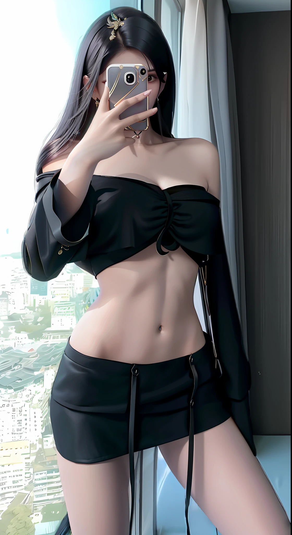 Arakfi woman taking a selfie in black, sexy body and sexy abdomen, Her navel was exposed, wearing sexy cropped top, Sexy body, very sexy outfit, Thin waist, with a thin waist, gorgeous chinese models, Sexy look, Sexy hot body, Slender waist, beautiful midriff, belly button showing, sexy look at the camera