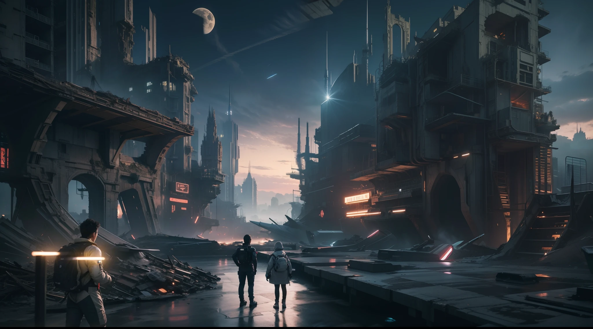 the night,Astronauts are exploring the ruins of a futuristic city. The scene was full of anticipation and mystery. Perspective Overlook The scene is full of intricate details, Show off cinematic style ,surrealism, hyper photorealism, Chiaroscuro, Depth of field, JPEG artifacts, Wide shot, Perspective, Atmospheric perspective, in a panoramic view, Lens flare, hyper HD, Masterpiece, ccurate