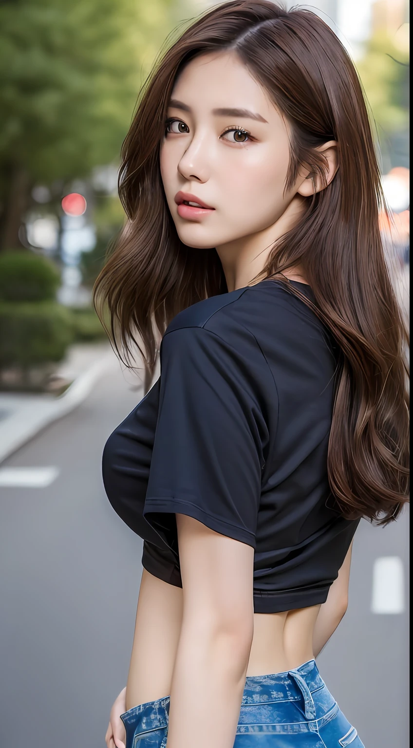 ((Best quality, 8k, Masterpiece :1.3)), Japanese woman, 1girl, (slender figure :1.2), dark brown hair, (outdoor, T-shirts, Jeans :1.1), ultra-detailed face, detailed lips, detailed eyes, double eyelid,(breasts:0.7), night, city, walking, from back