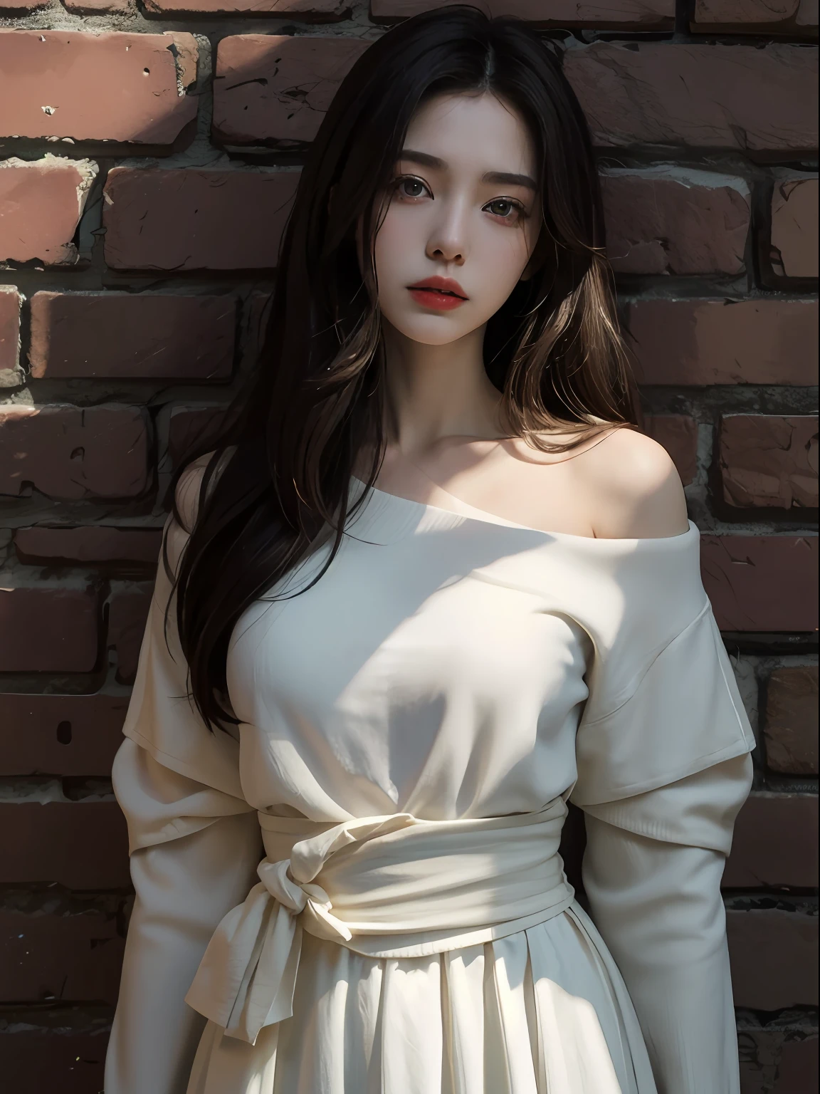 styled: Pure，Fair skin texture, Bright eyes,high textured, ultra HD picture quality, High nose, dynamic angle, Light tracing, Realism, offcial art, Unity 8k壁纸, Ultra detailed paintings, A masterpiece of beauty, best qualityer, movie level lighting, Long skirt with a nipped-in waist，White skin of the，long whitr hair，Redlip，high and cold，standing against the wall，The upper part of the body