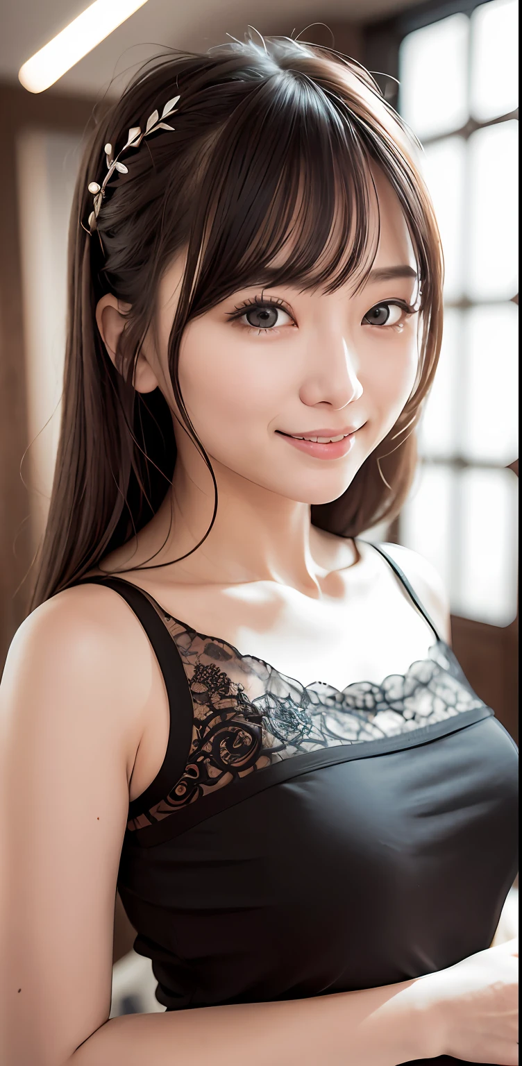 Masterpiece, 1 Beautiful Girl, Detailed, Swollen Eyes, Top Quality, Ultra High Resolution, (Reality: 1.4), Original Photo, 1Girl, Cinematic Lighting, Smiling, Japanese, Asian Beauty, Korean, Clean, Super Beautiful, Little Young Face, Beautiful Skin, Slender, Cyberpunk Background, (ultra realistic), (high resolution), (8K), (very detailed), (best illustration), (beautifully detailed eyes), (super detailed), (wallpaper), (detailed face), viewer looking, fine detail, detailed face, pureerosfaceace_v1, smiling, 46 point slanted bangs, looking straight ahead, neat clothes, dark colored eyes, clothes sleeveless, body facing front,