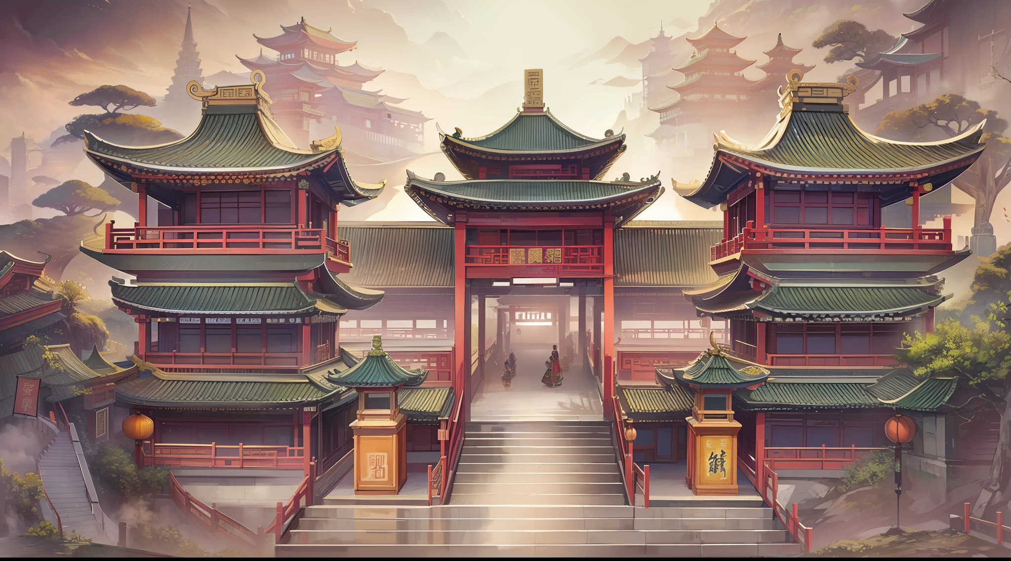 ((Best Quality, 8K, Masterpiece: 1.3)),((Amazing detail: 1.2)),((illustration: 1.1)),((A high resolution)),Chinese painting,ink painting,Chinese traditional building,Chinese-style architecture,Chinese ancient architecture,dreamy,divine,flat,temples,wide shot,from below, f/1.8,chiaroscuro, depth of field,