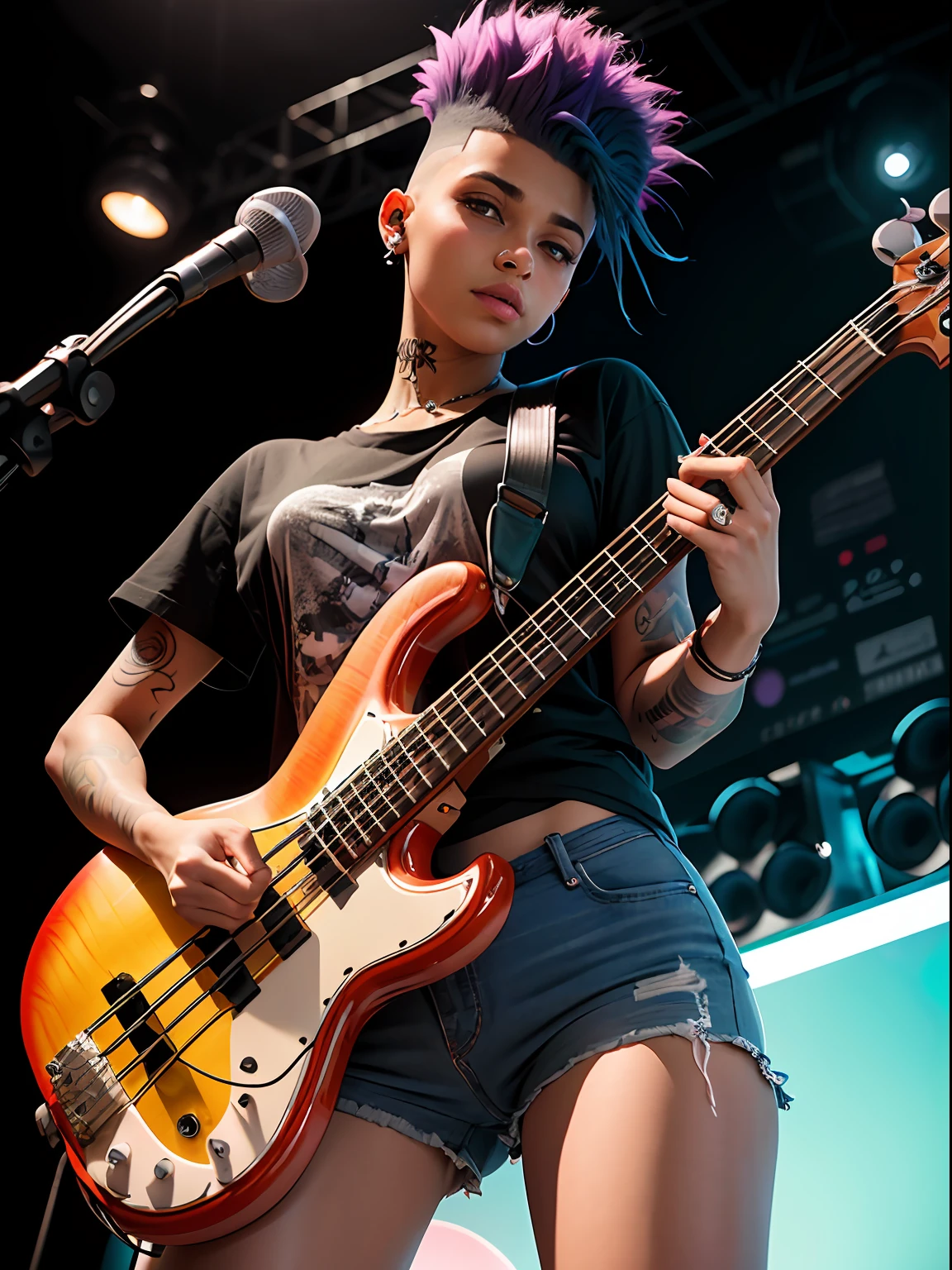 a 18 yo woman,(hi-top fade:1.3),rainbow hair, side shaved hair, (playing a electric bass, four string), dark theme, muted colors, high contrast, (tattos skin texture, hyperrealism, soft light, sharp), psychedelic t-shirts,