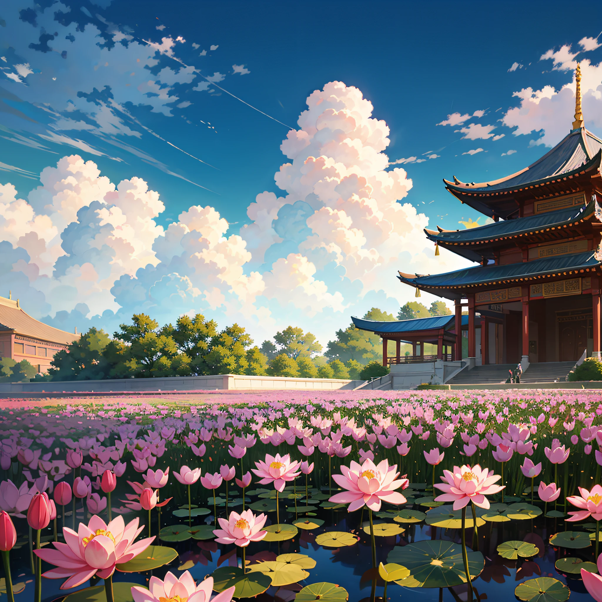 a close up of a field of flowers with a building in the background, Beautiful Peace Scene, the grand temple of flowers, a temple background, background artwork, Beautiful anime scenery, the most beautiful landscape, Beautiful scene, lotus pond, grand background, landscapes, beautiful render of tang dynasty, Very beautiful scenery, blissful landscape, Colorful movie background、Fantasia、Reddish-purple world、32k