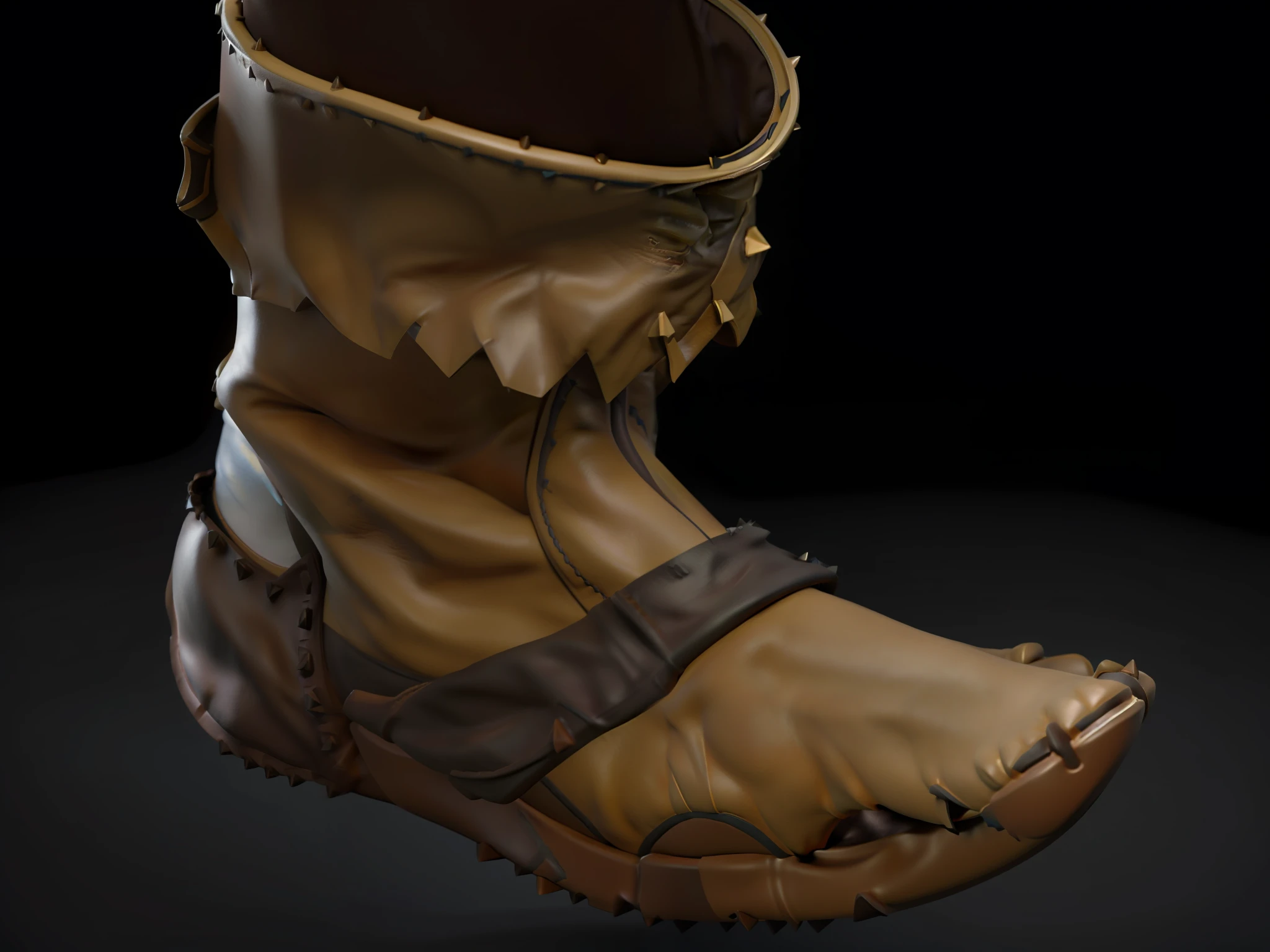 Close-up of boots, jester shoes, heavy boots, greaves, Contextureless, hoofs, smooth shading, trending on polycount, heavily stylized, Brown boots, smooth light shading, battle shoes, Warm shadow, detailed foot shot, polycount, arte renderizada, skin spikes, Boots, Foot, Stylized 3 D