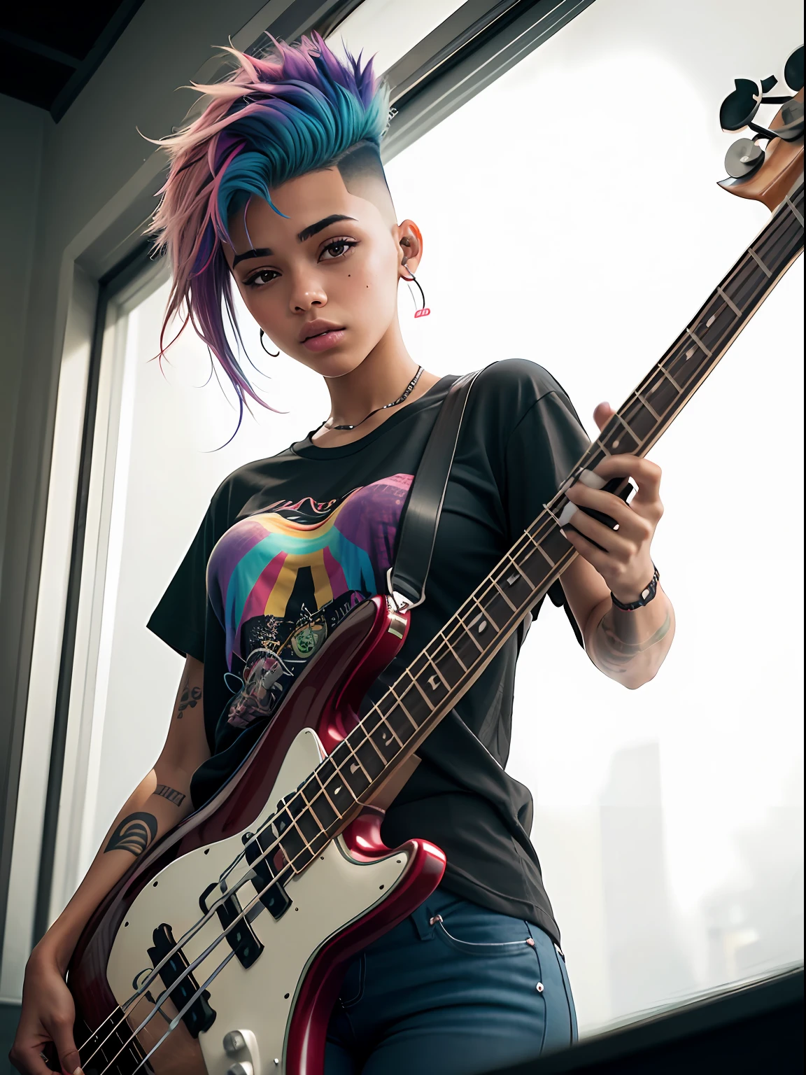 a 18 yo woman,(hi-top fade:1.3),rainbow hair, side shaved hair, (playing a electric bass, four string), dark theme, muted colors, high contrast, (tattos skin texture, hyperrealism, soft light, sharp), psychedelic t-shirts,